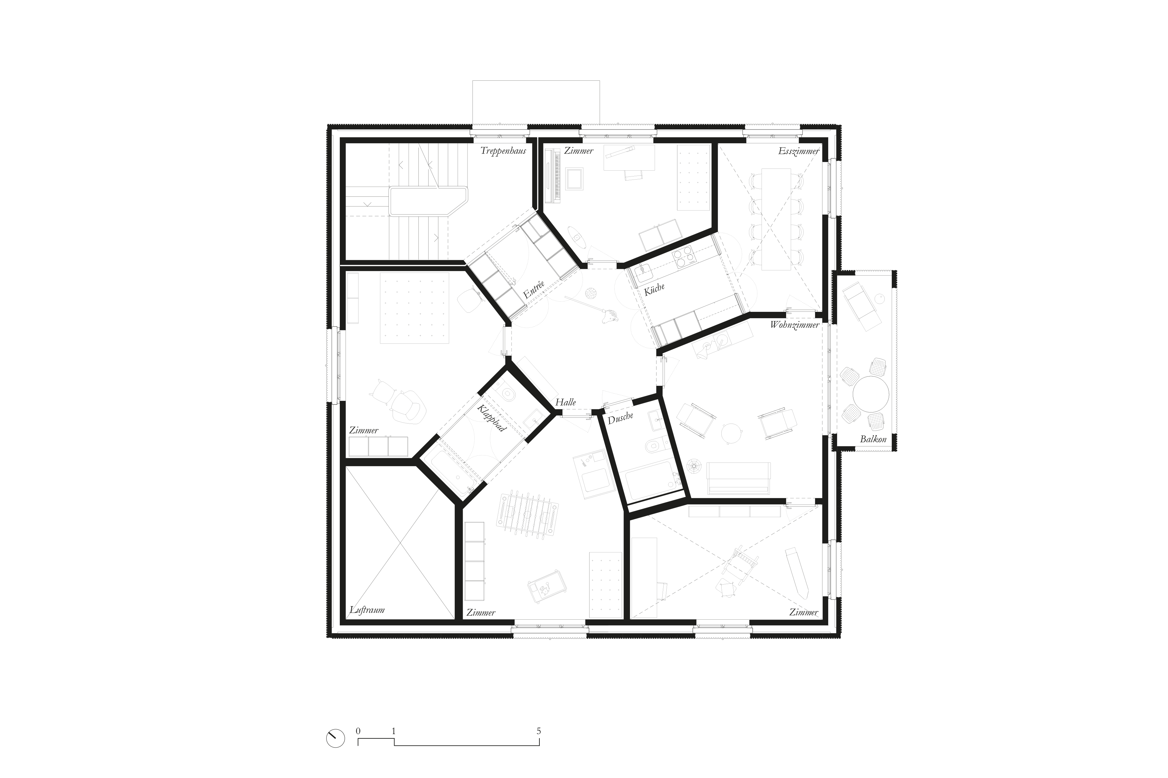 Grundriss OG: Um das zentrale Vieleck sind alle weiteren Räume erschlossen – Korridore entfallen.