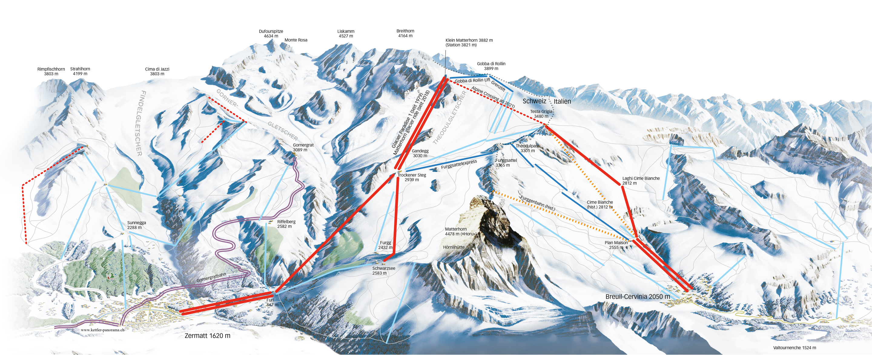 Panoramakarte der Skigebiete Zermatt und Breuil-Cervinia.Die roten Kabinenseilbahnen werden es ab 2021 ermöglichen, den Alpenhauptkamm ohne Alpinausrüstung zu überqueren. Die für das Verständnis wichtigen Bahnen, Lifte und Orte sind hervorgehoben respektive eingezeichnet. Rot: Kabinenseilbahnen | rot gestrichelt: Kabinenseilbahnen (im Bau / projektiert) | blau: Skilifte / Sessellifte | hellblau: Lifte / Bahnen | orange: Luftseilbahnen historisch (nicht mehr existent) | violett: Gornergratbahn (Zahnradbahn)