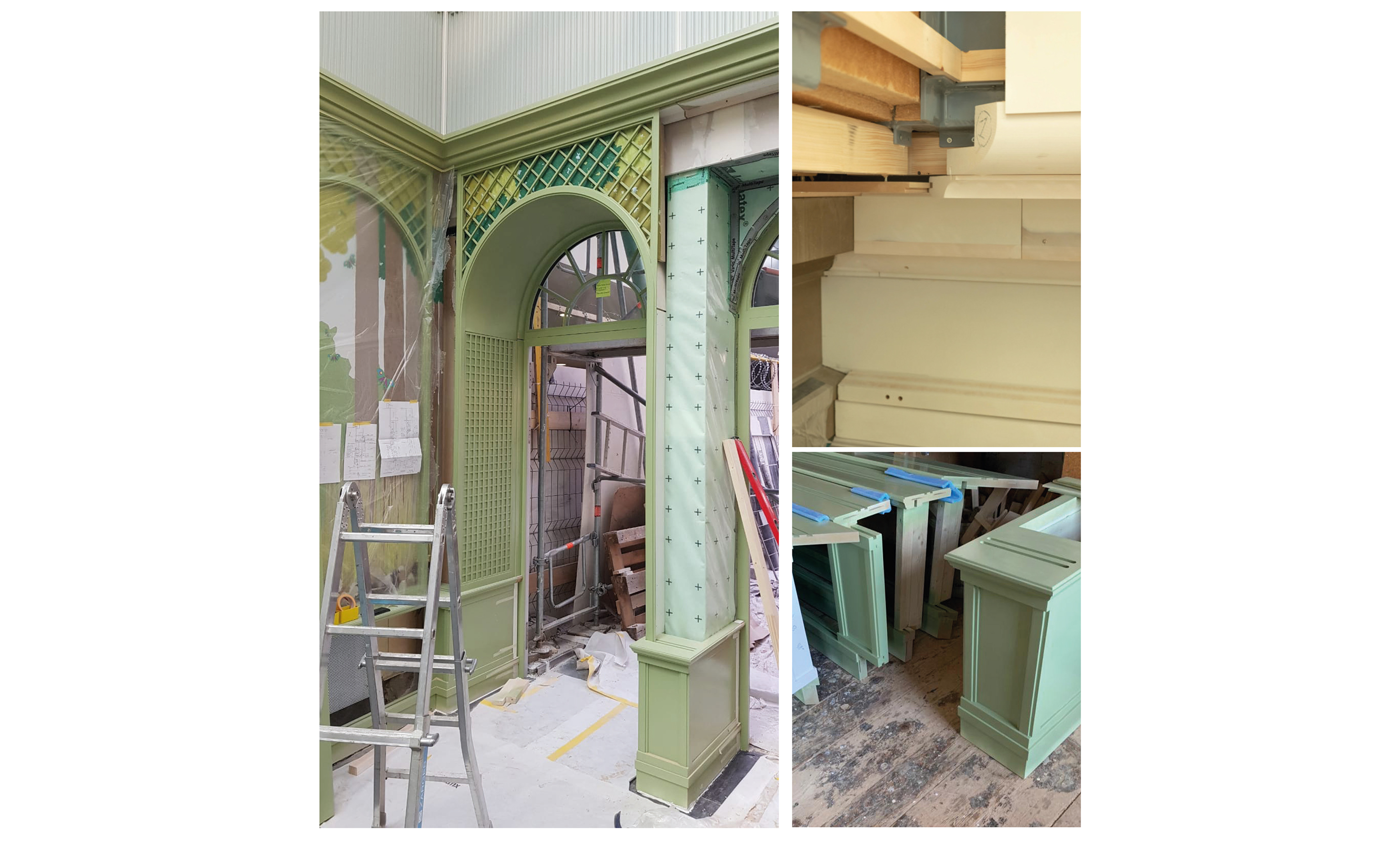 Der Einbau der Holzverkleidungen vor Ort.