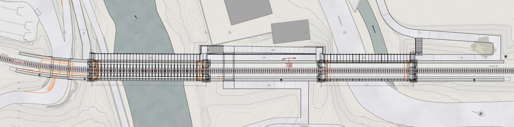 «Lingia cotschna» mit der Inn- und der Binnenkanalbrücke: Im Grundriss sind die angedachten Fussgängerwege zu erkennen.