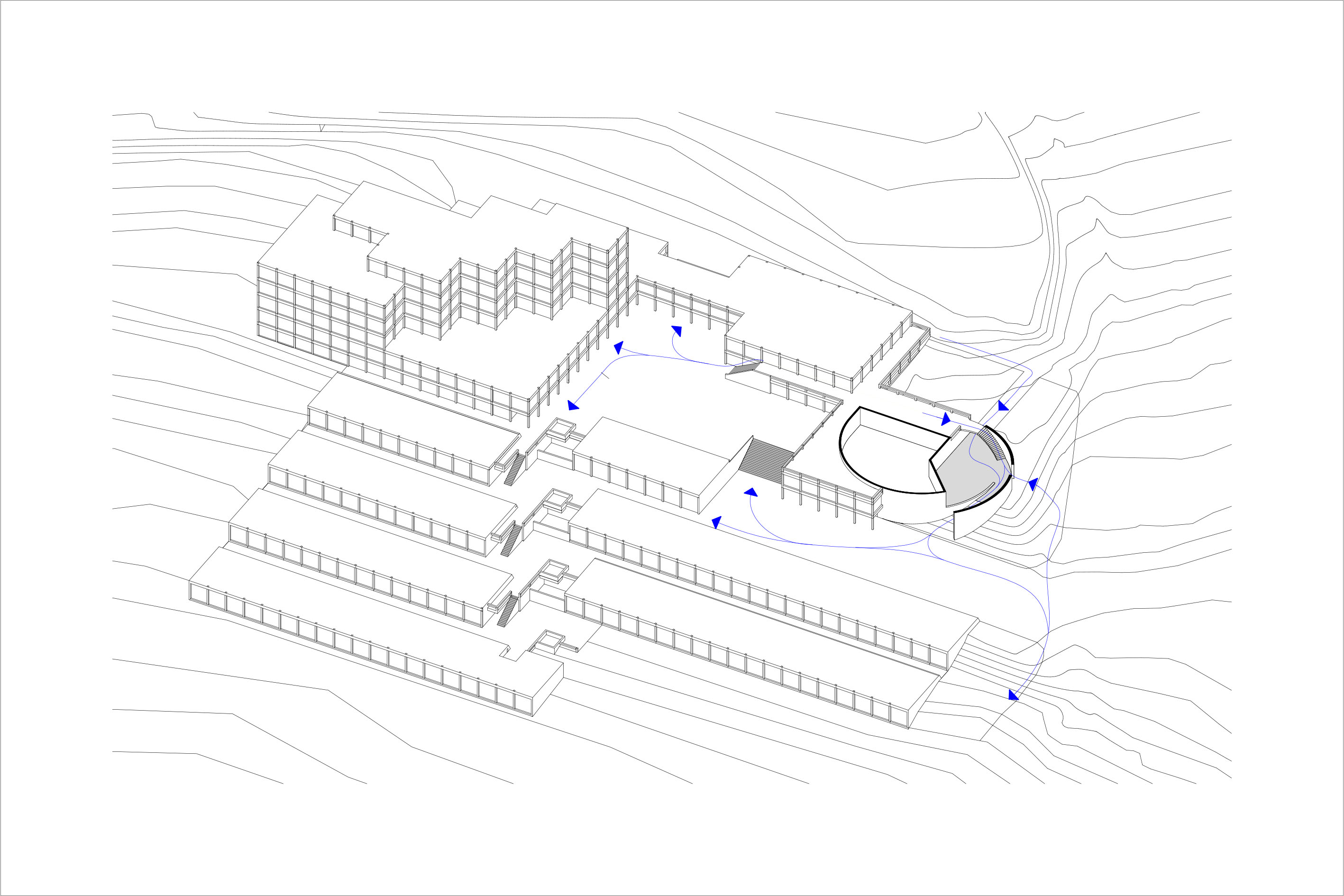 Vue axonométrique du projet et schéma des parcours