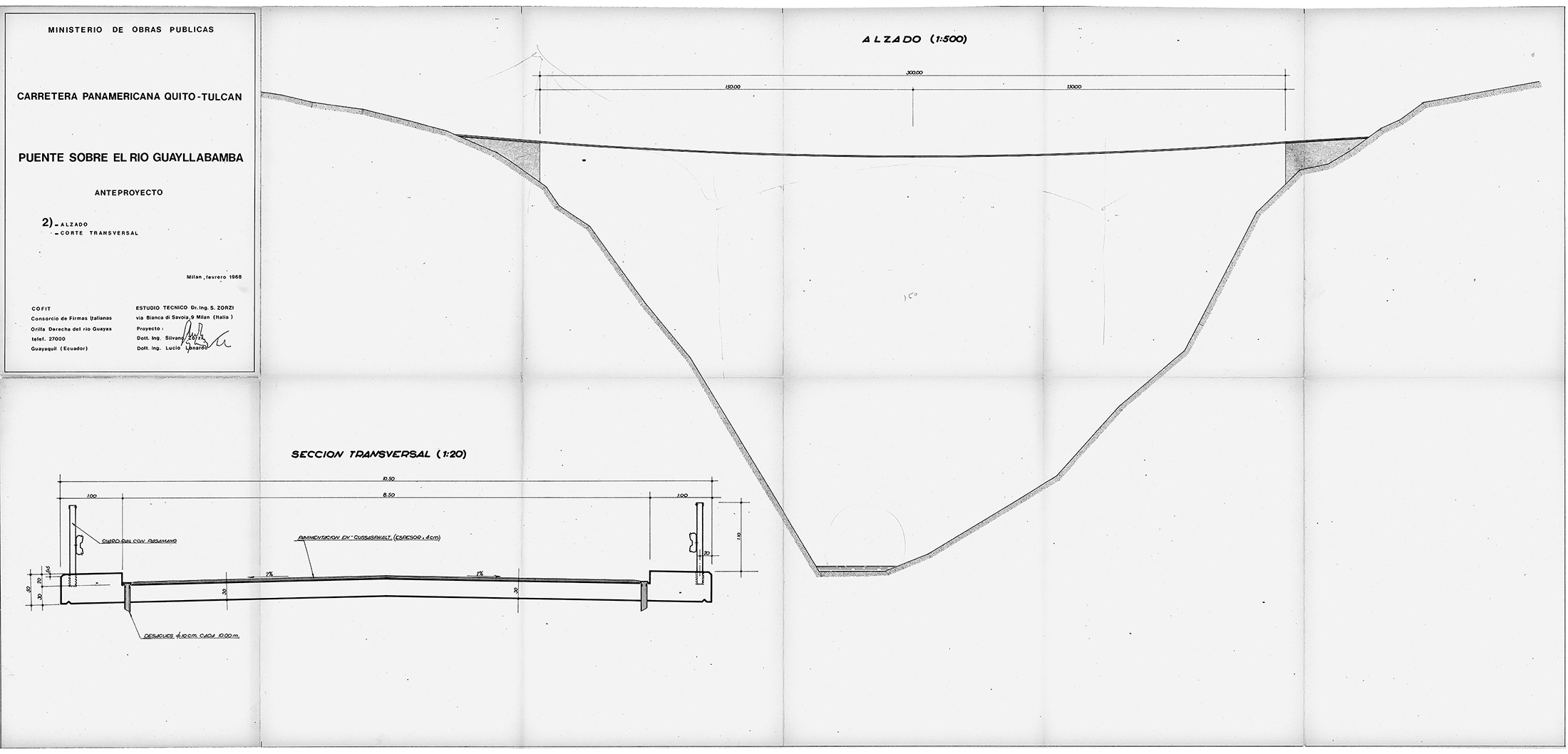 Silvano Zorzi: Progetto del ponte Guaylla­bamba, prospetto e sezione trasversale.