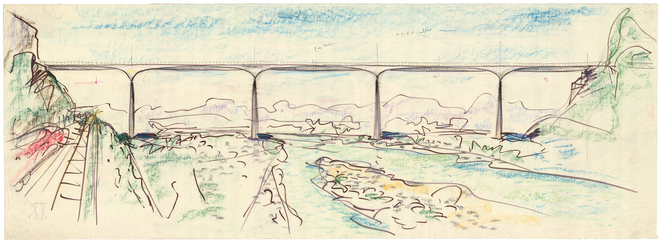 Angelo Mangiarotti con Aldo Favini e Silvano Zorzi, progetto di concorso per il viadotto di Sasso Marconi, 1950. Prospettiva, versione «a» con tre campate centrali.