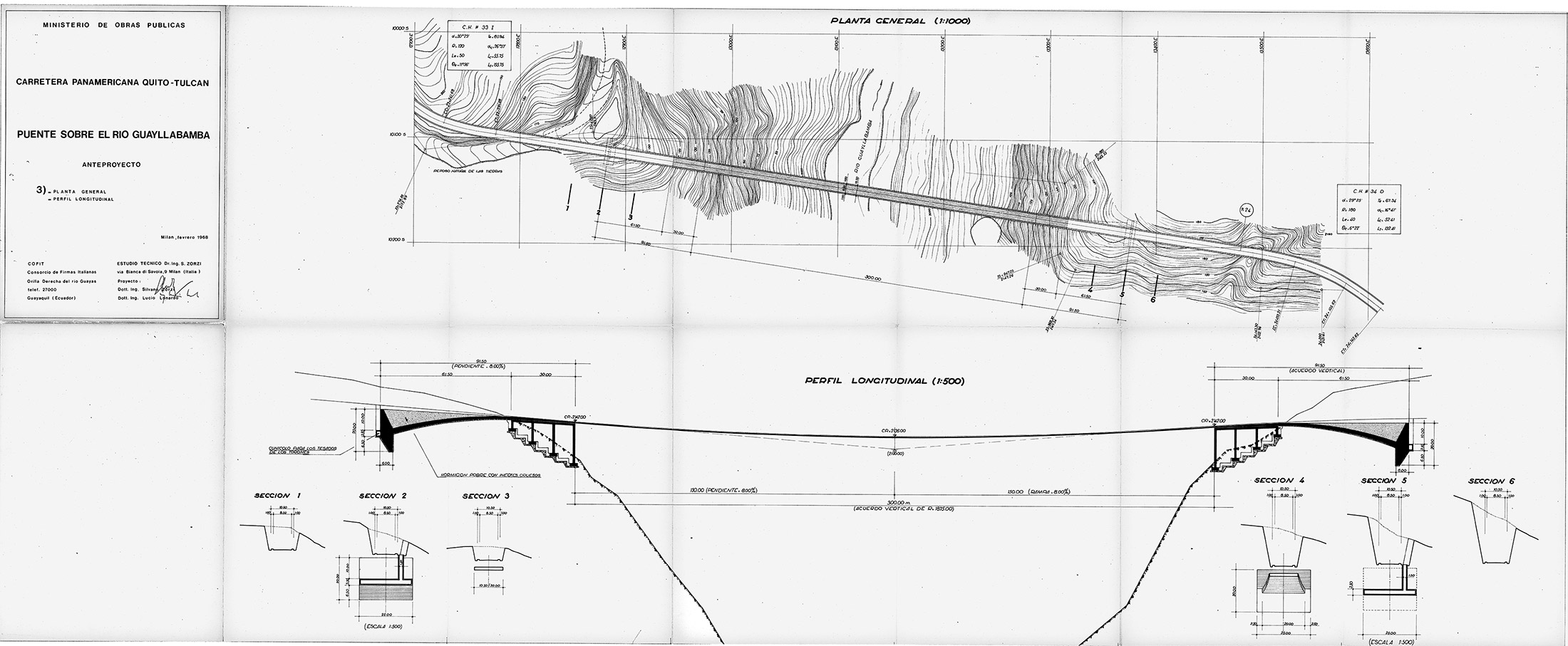 Silvano Zorzi: Progetto del ponte Guayllabamba, planimetria generale e sezione longitudinale