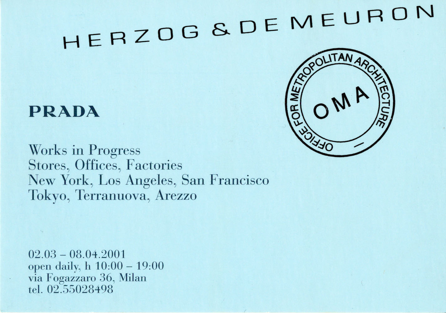 Invitation à l’exposition : Works in Progress. Stores, Offices, Factories. New York, Los Angeles, San Francisco, Tokyo, Terranuova, Arezzo.