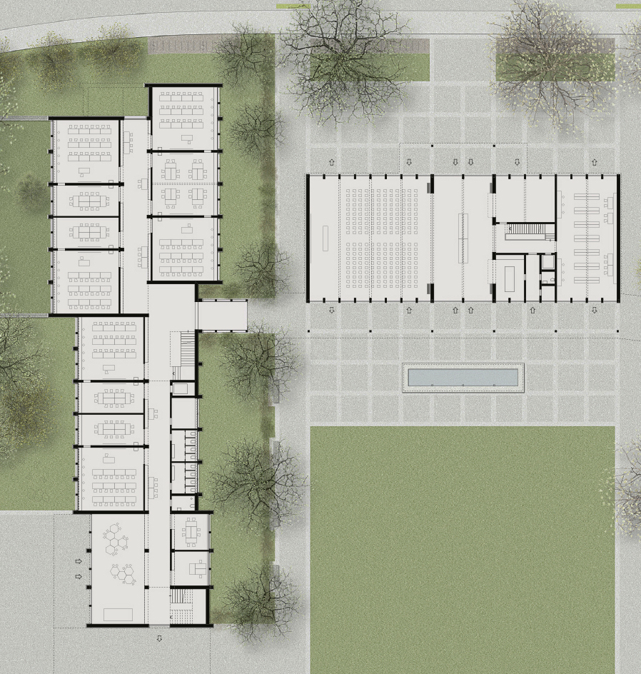 2. Rang: «Link», Back Architekten. Erdgeschoss. Der zweigeschossige Solitär liegt zentral und verbindet den Bestand.