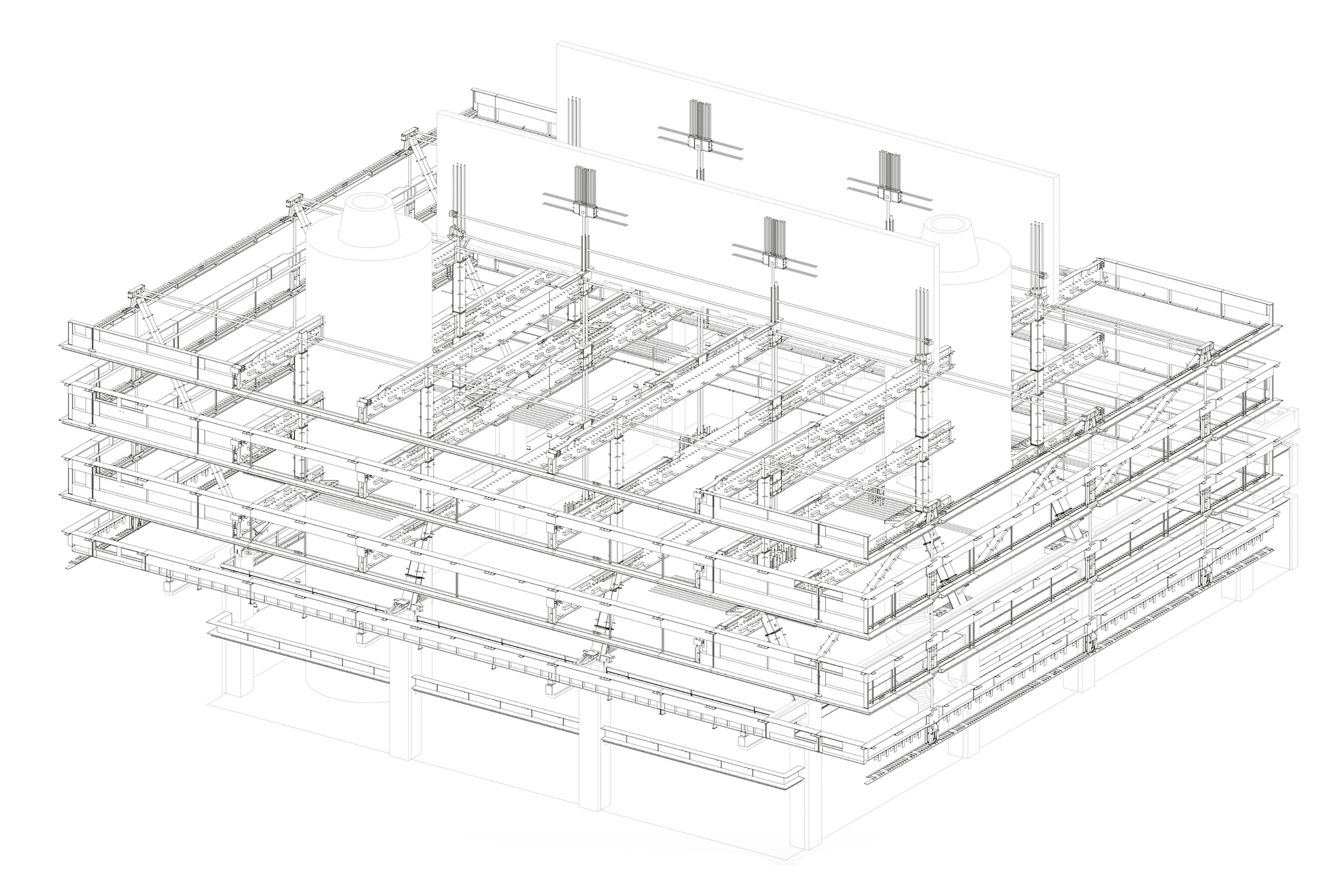 Axonometrie der Stahl­konstruktion: Gut zu sehen sind etwa die schrägen Stahlstützen, an denen die Obergeschosse aufgehängt sind (sie wurden mit Beton ummantelt). Ebenfalls zu erkennen die verblüffend dünnen Stahlstangen der Aufhängung.