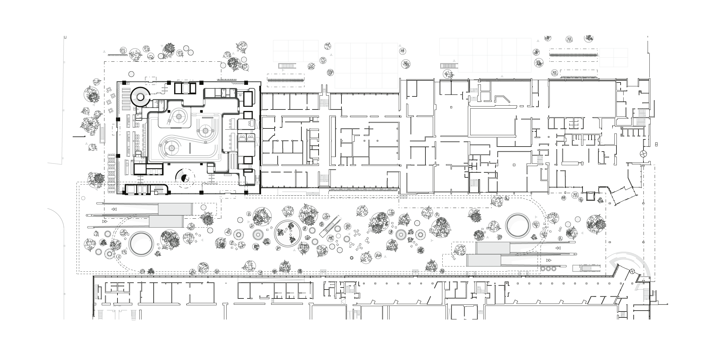 Grundriss EG News- und Sport- Gebäude und «Medien­garten» auf dem Dach der Tiefgarage.