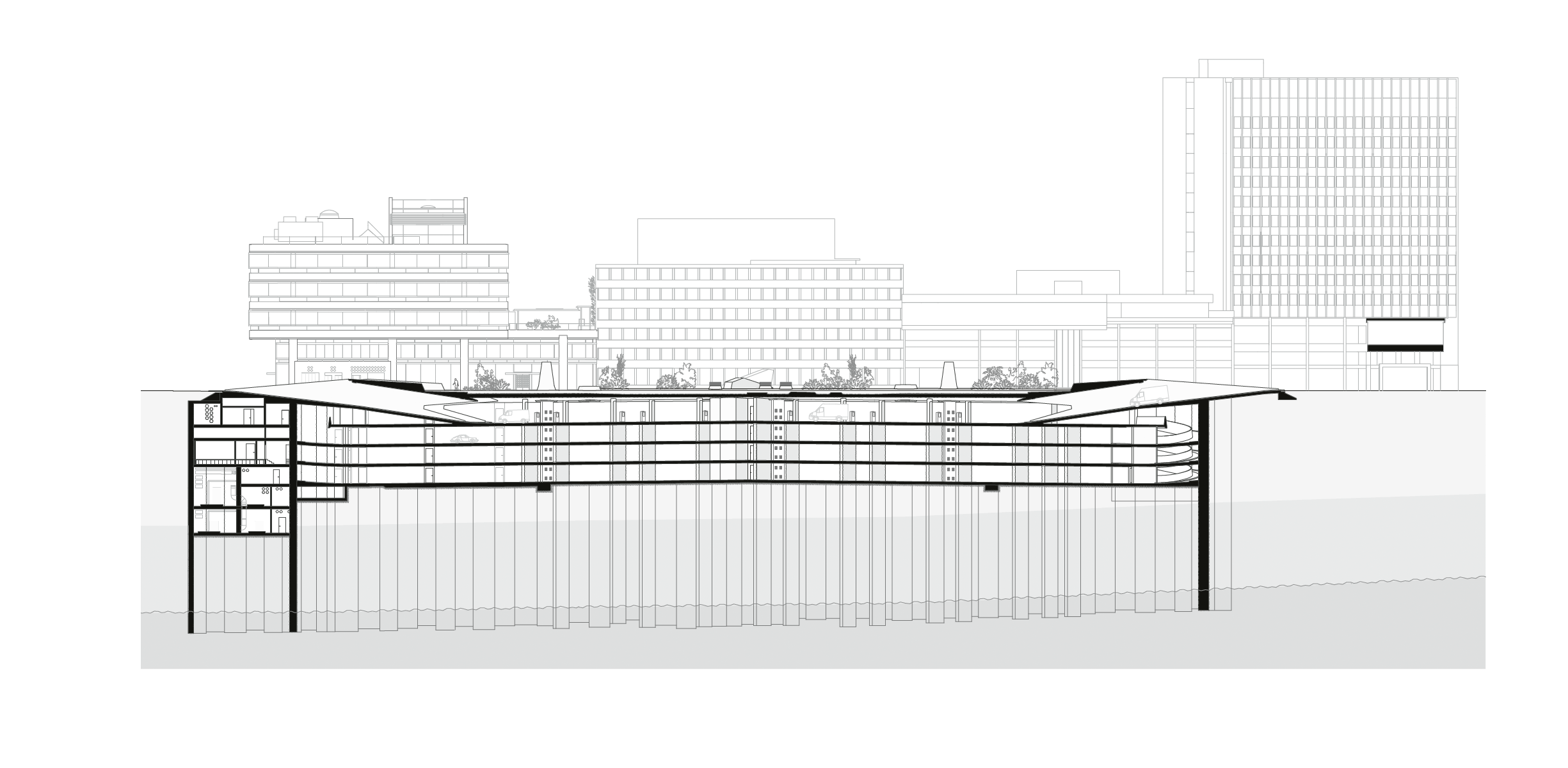 Längsschnitt durch die Tiefgarage und die Energiezentrale.