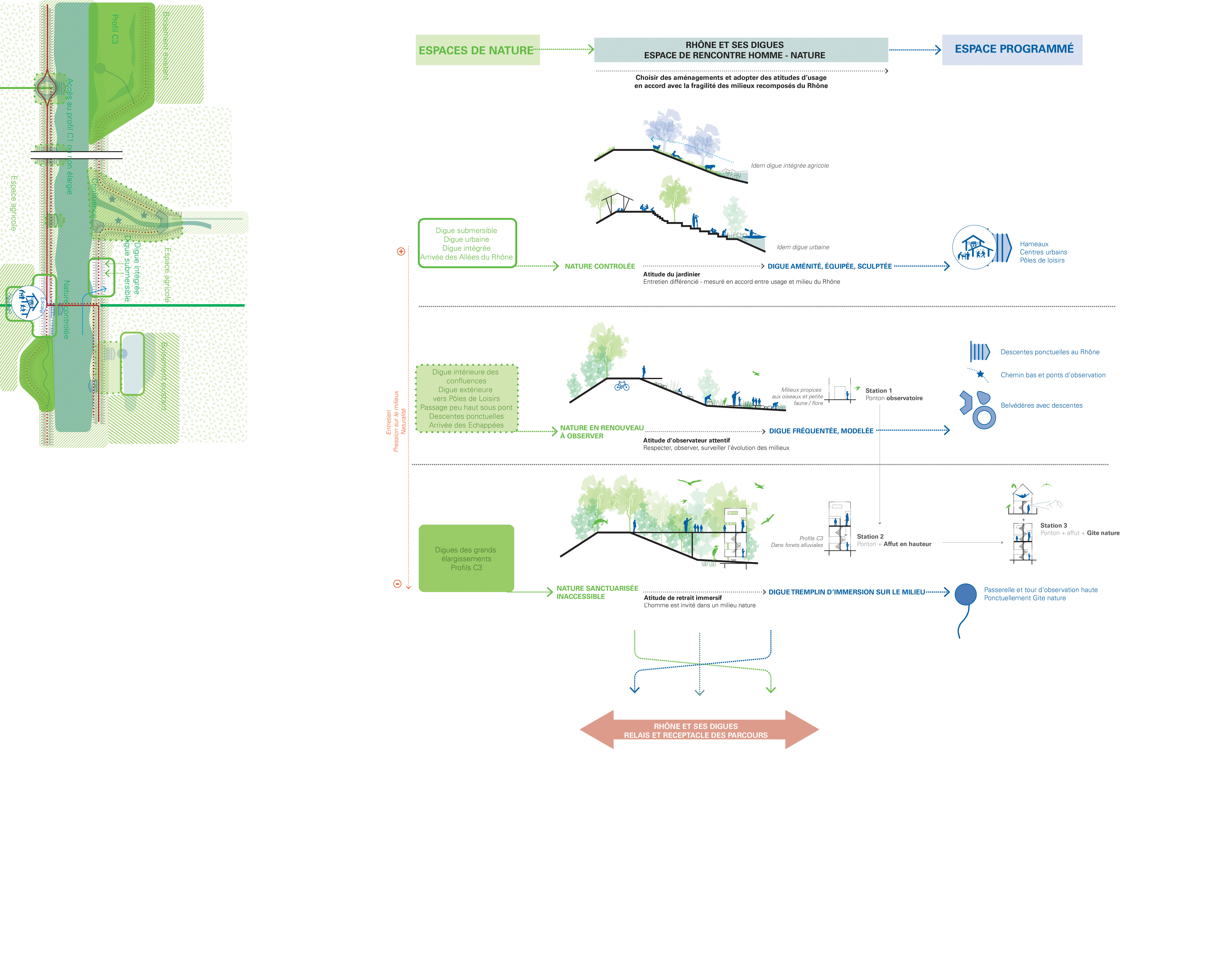 Typologies de berges. Les aménagements, les programmes et les usages s’adaptent en fonction du degré de fragilité des milieux recomposés du Rhône