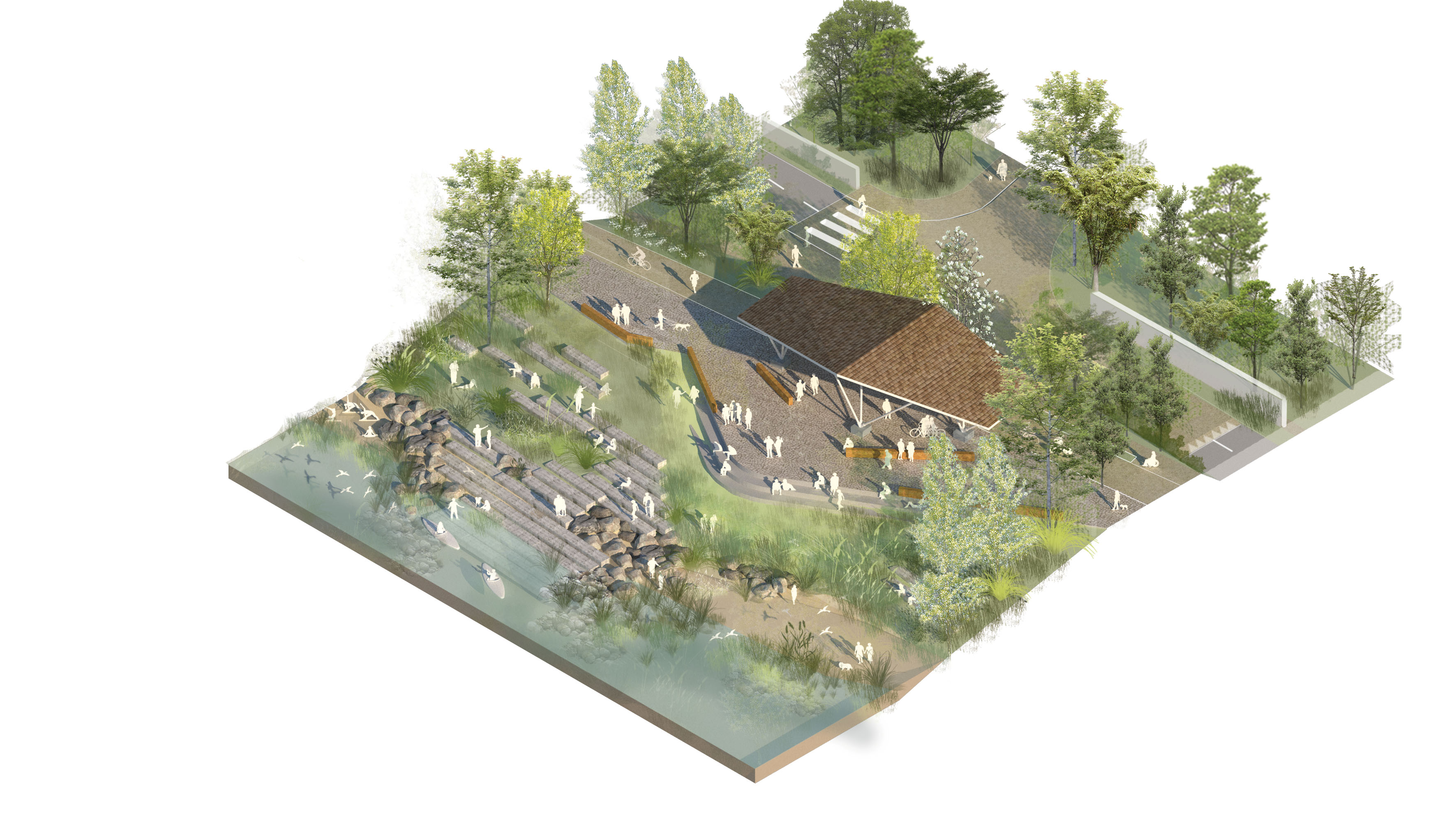 Axonométries de différents programmes prévus sur les berges du Rhône : guinguette, belvédère 360, hameau/escale de Viège, plage