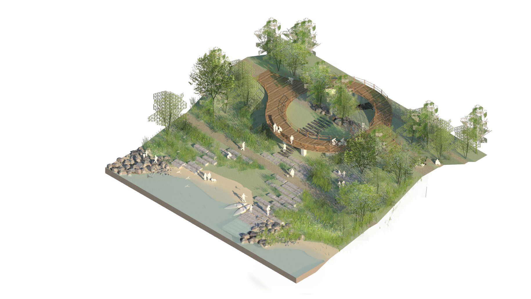 Axonométries de différents programmes prévus sur les berges du Rhône : guinguette, belvédère 360, hameau/escale de Viège, plage