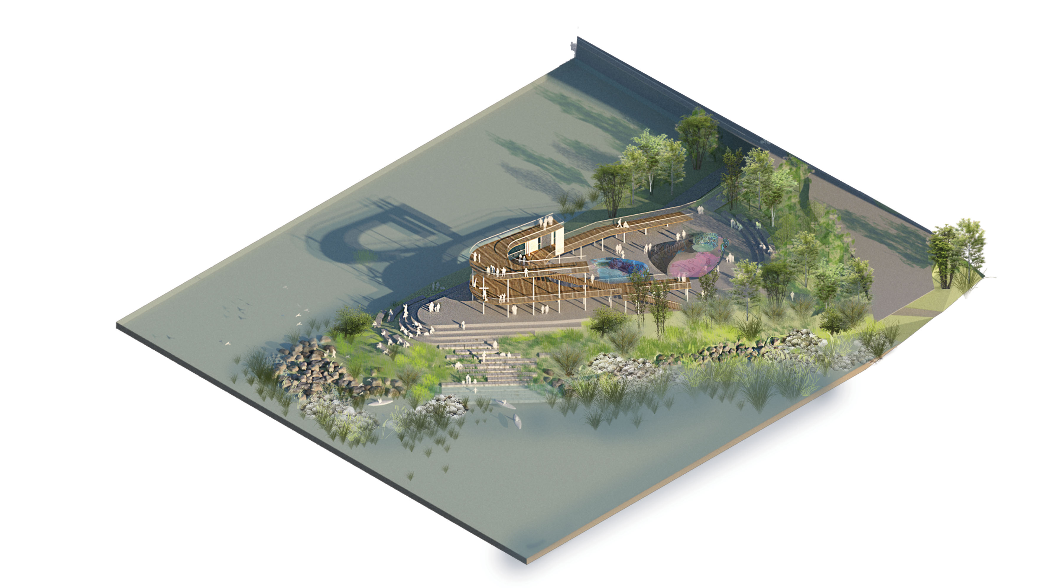 Axonométries de différents programmes prévus sur les berges du Rhône : guinguette, belvédère 360, hameau/escale de Viège, plage