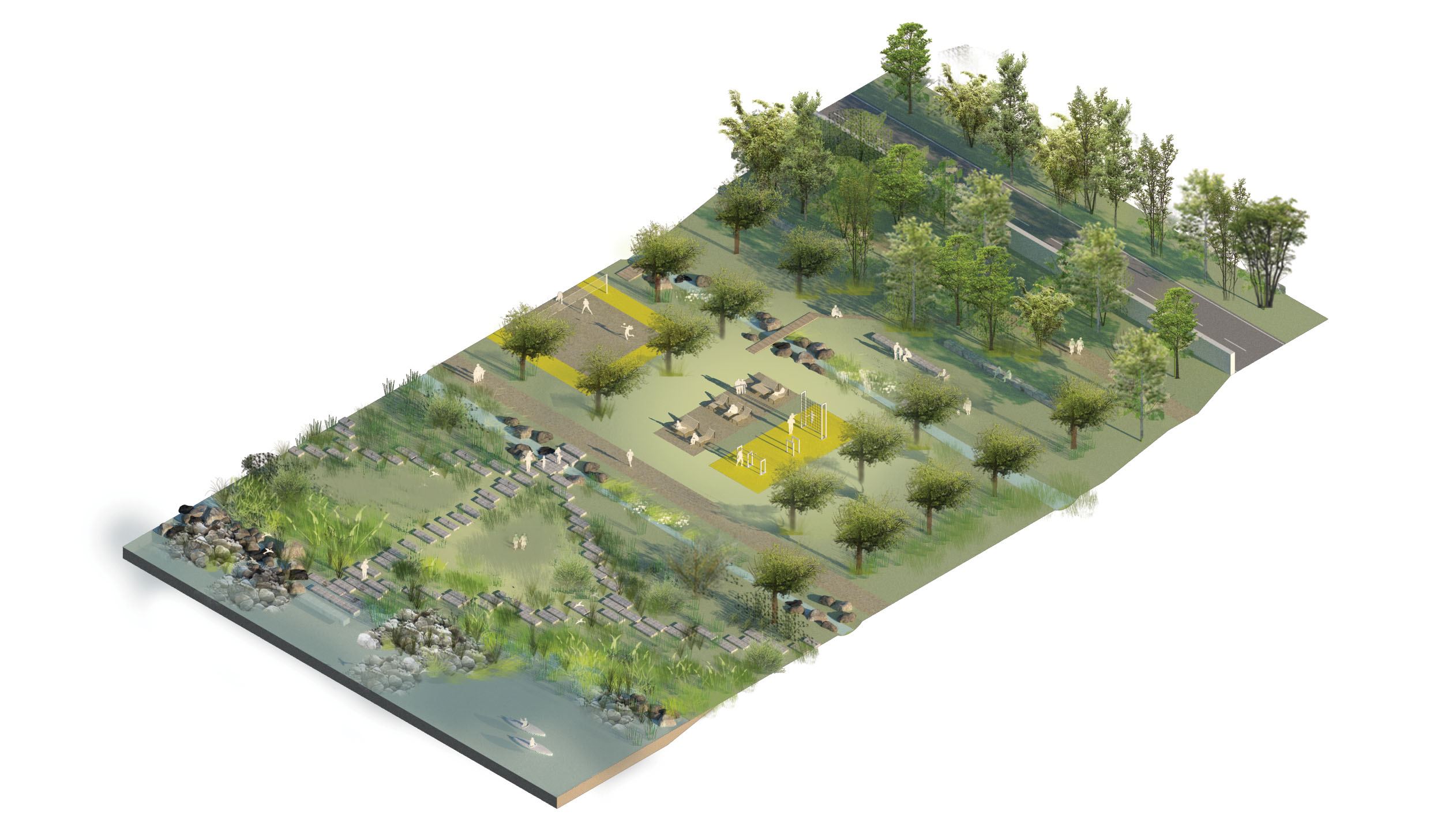 Axonométries de différents programmes prévus sur les berges du Rhône : guinguette, belvédère 360, hameau/escale de Viège, plage