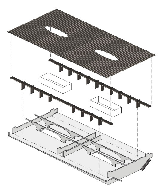 Scuola dell’infanzia San Giorgio e piazza delle scuole, Morbio Inferiore, 2015-2018. Esploso assonometrico