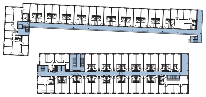 Pianta del piano tipo. In azzurro gli spazi distributivi