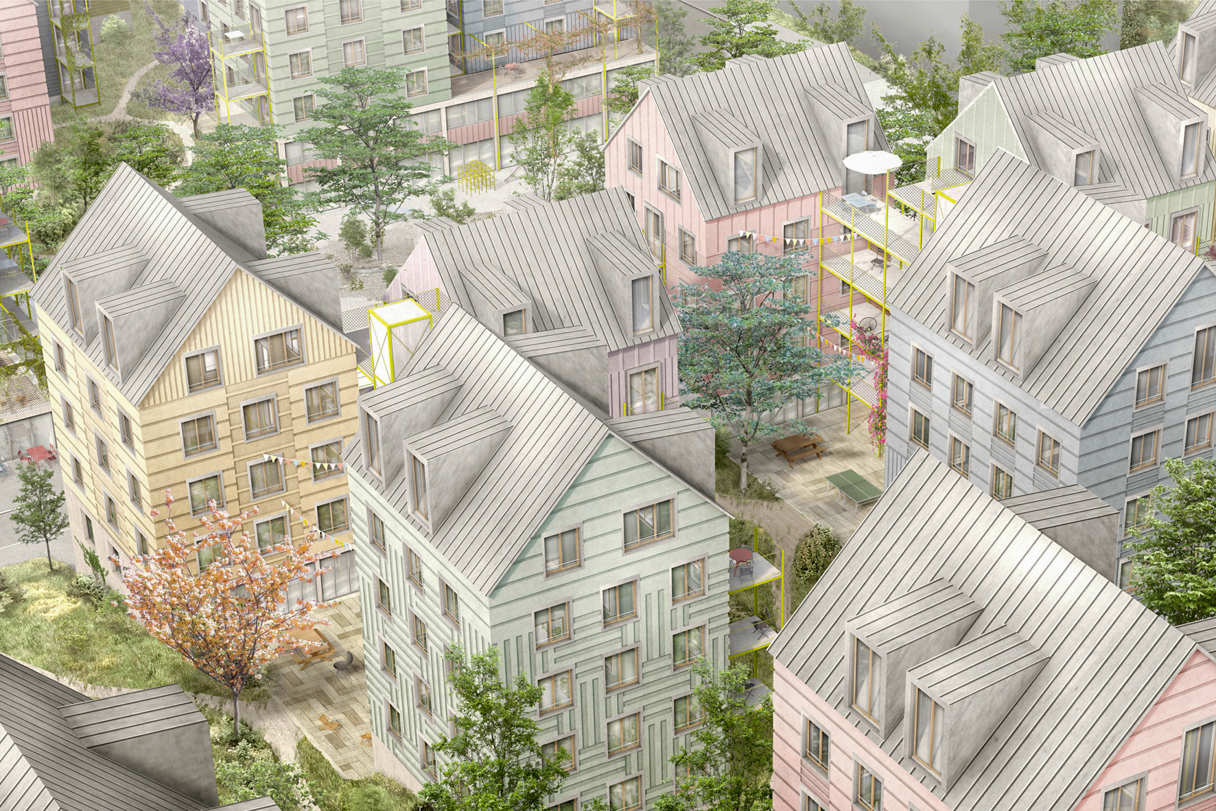 Die «Gründerhäuser» des Siegerentwurfs in der Visualisierung. Ob die Pastellfassaden realisiert werden, ist laut Jury ungewiss.