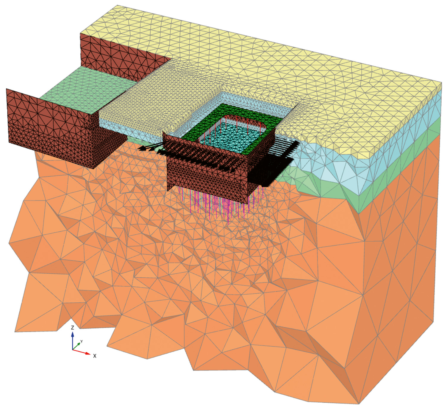 6. Extrait du modèle aux éléments finis de la fouille et de la fondation combinée pieux-radier de la Tour 2 avec la fouille du Centre de recherche pRED voisin.