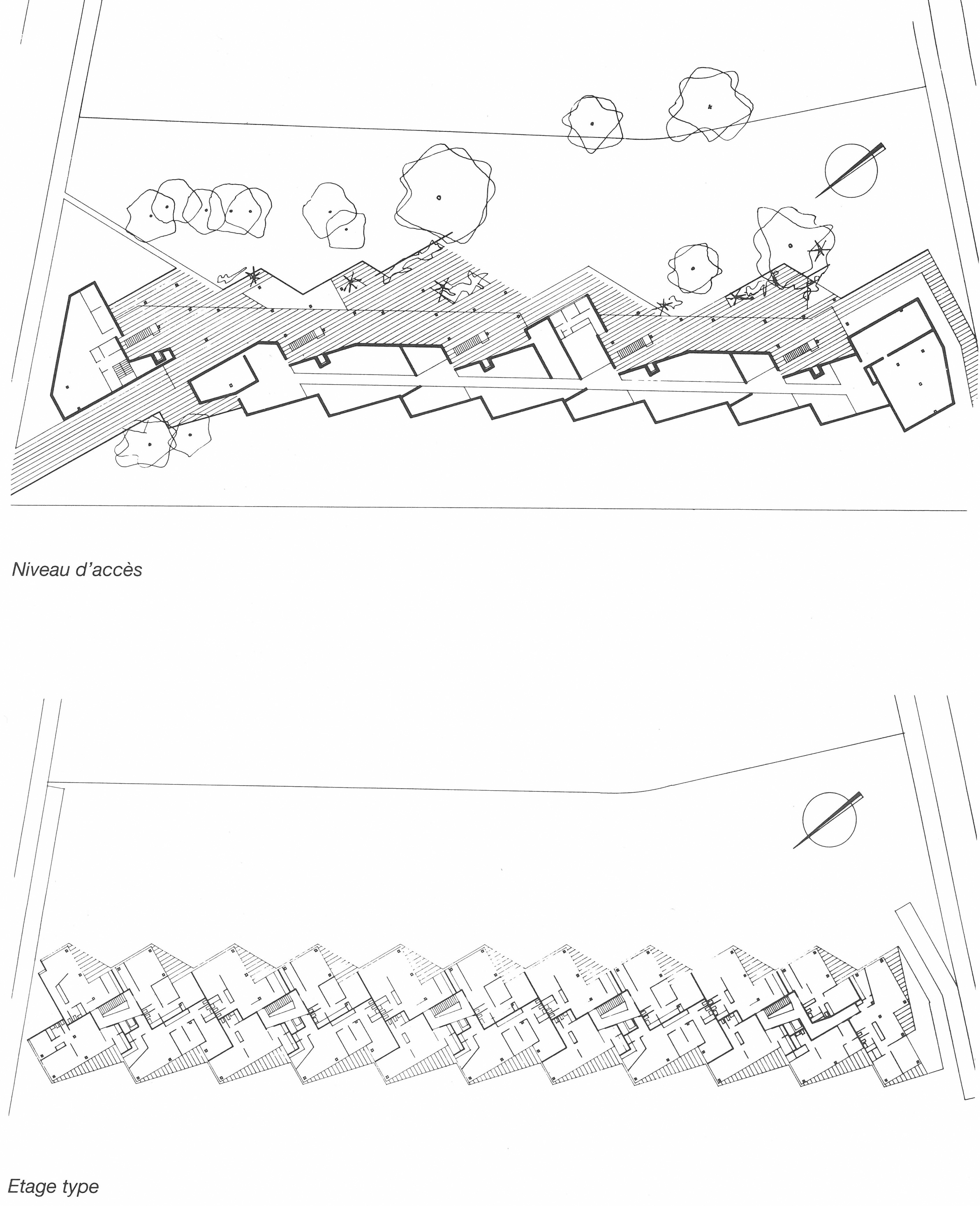 Miremont-le-Crêt, étage type et demi-niveaux des entrées, plans de publication.