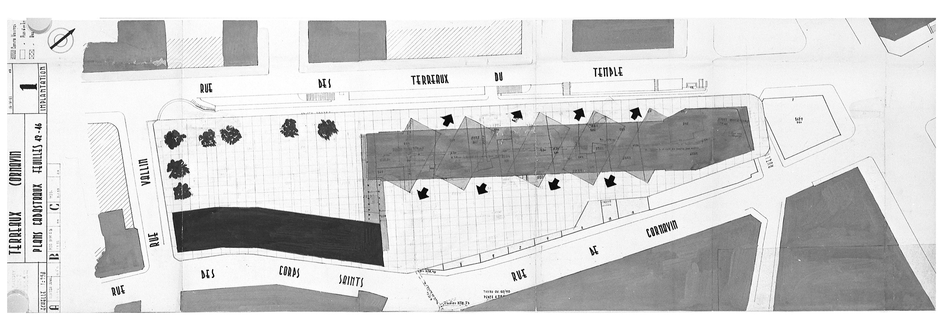 Îlot Terreaux-Cornavin: implantation proposée par Saugey avec les passages en rez-de-­chaussée, solution avec un raccord aux immeubles «néo-­gothiques» prévus par le plan de quartier, 13 mars 1951