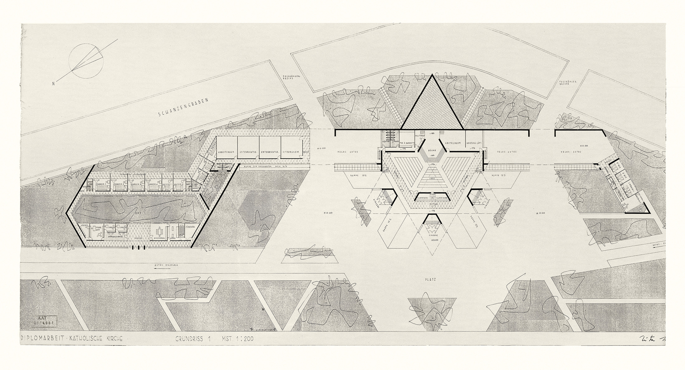 Tita Carloni, progetto di una chiesa allo Schanzengraben, Zurigo, 1954. Planimetria generale