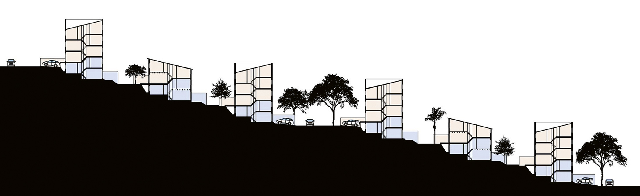 Duplex impilati e triplex a schiera, disposti su un tipico terreno in pendenza per creare blocchi residenziali a 5 piani con accesso privato e giardino davanti a tutte le unità. Possibili articolazioni altimetriche delle tipologie x-plex