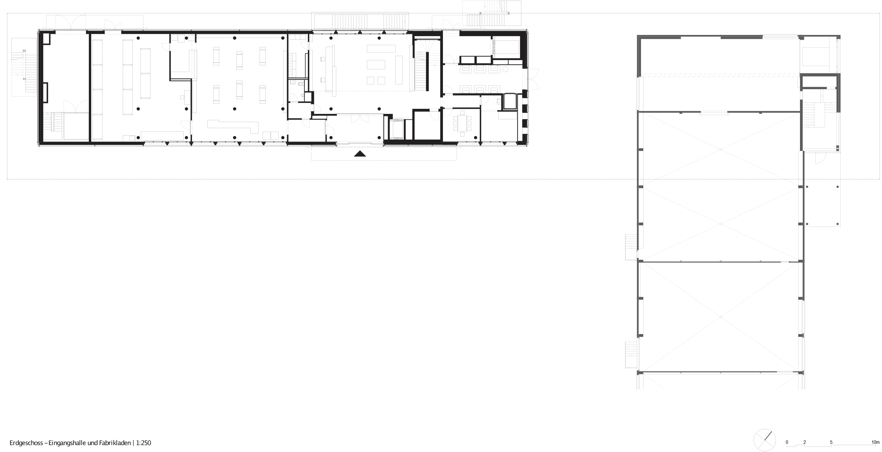 Fig.11: Plan du rez-de chaussée du nouveau bâtiment : accueil, ­bureaux et vente. À droite, le bâtiment existant