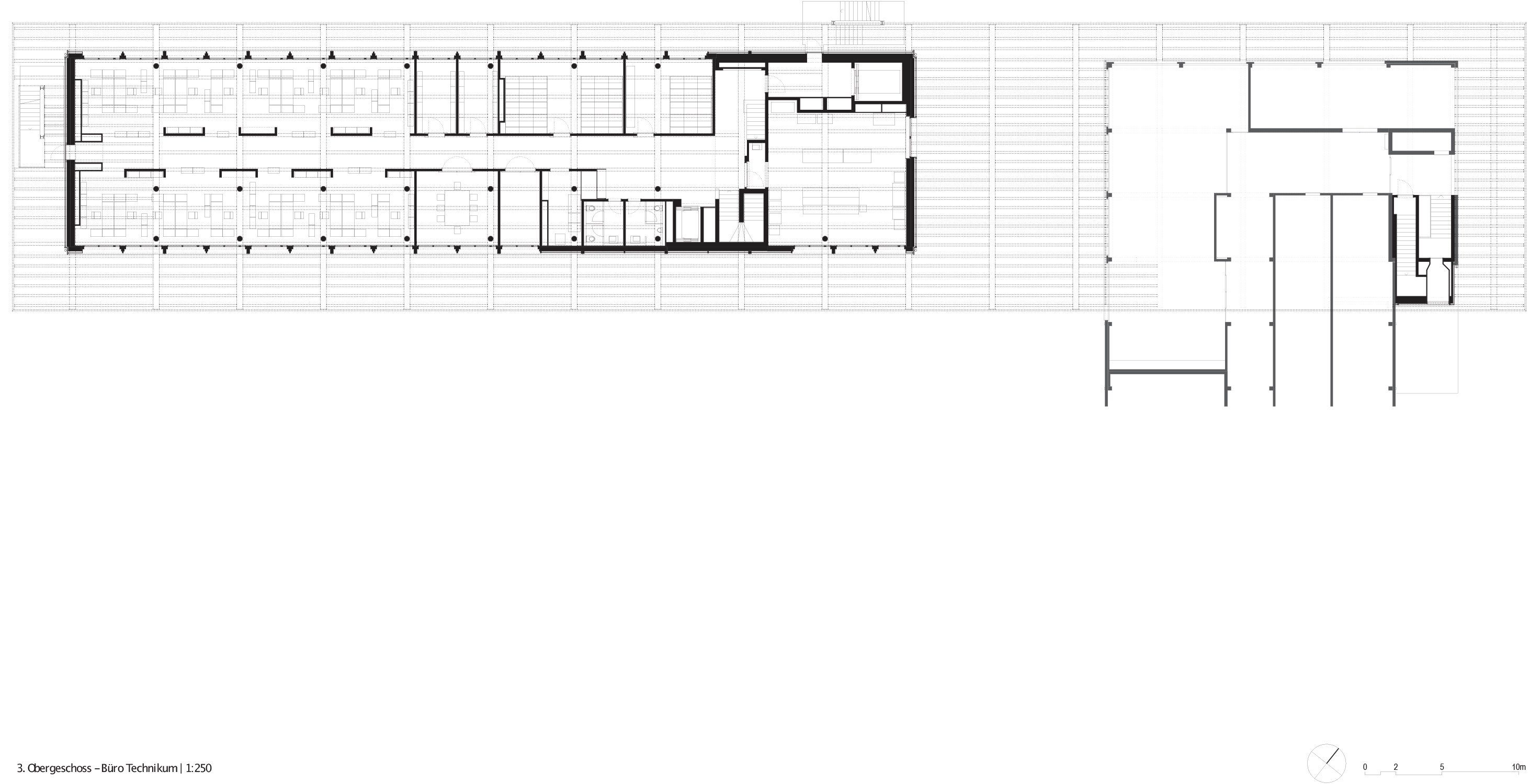 Plan du 3e étage avec les surfaces de bureaux et les poutres primaires et secondaires au plafond au-dessus du 3e étage