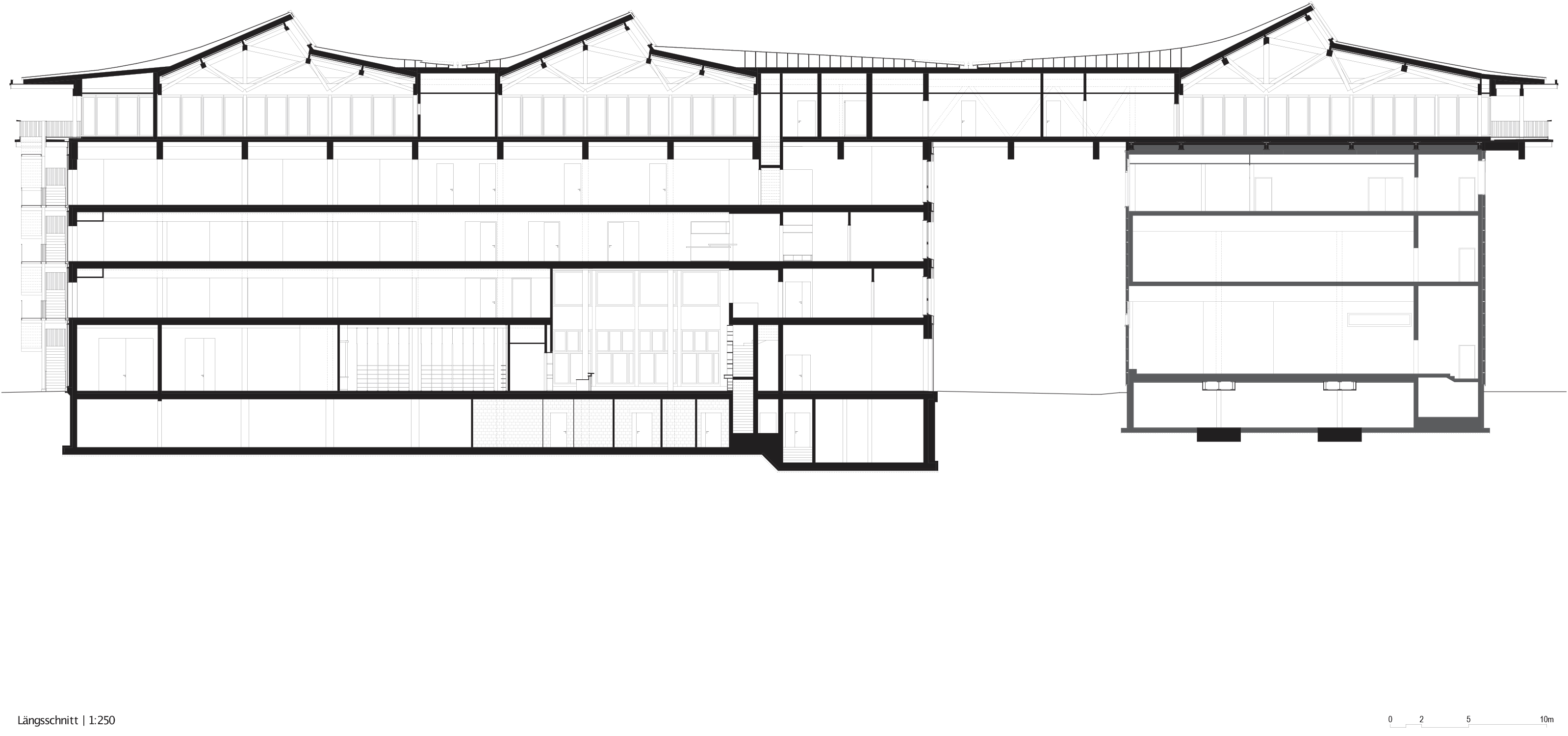 Fig.7: Coupe longitudinale. Au niveau du plafond du 3e étage, le système porteur évolue d’une construction massive vers une construction en bois. Le 4e étage prend la forme d’un pont qui rejoint le bâtiment existant (à droite).