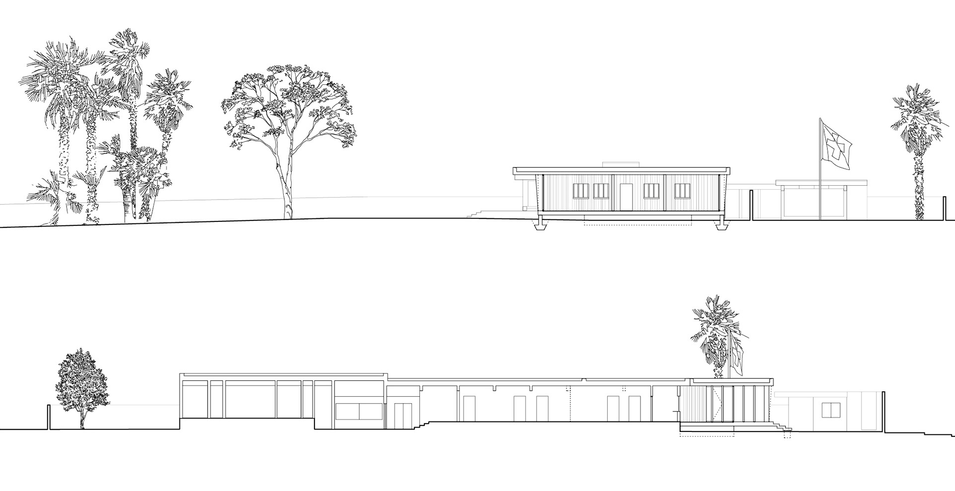 Localarchitecture, Ambasciata svizzera ad Abidjan, Costa d’Avorio. Sezioni trasversale (sopra) e longitudinale