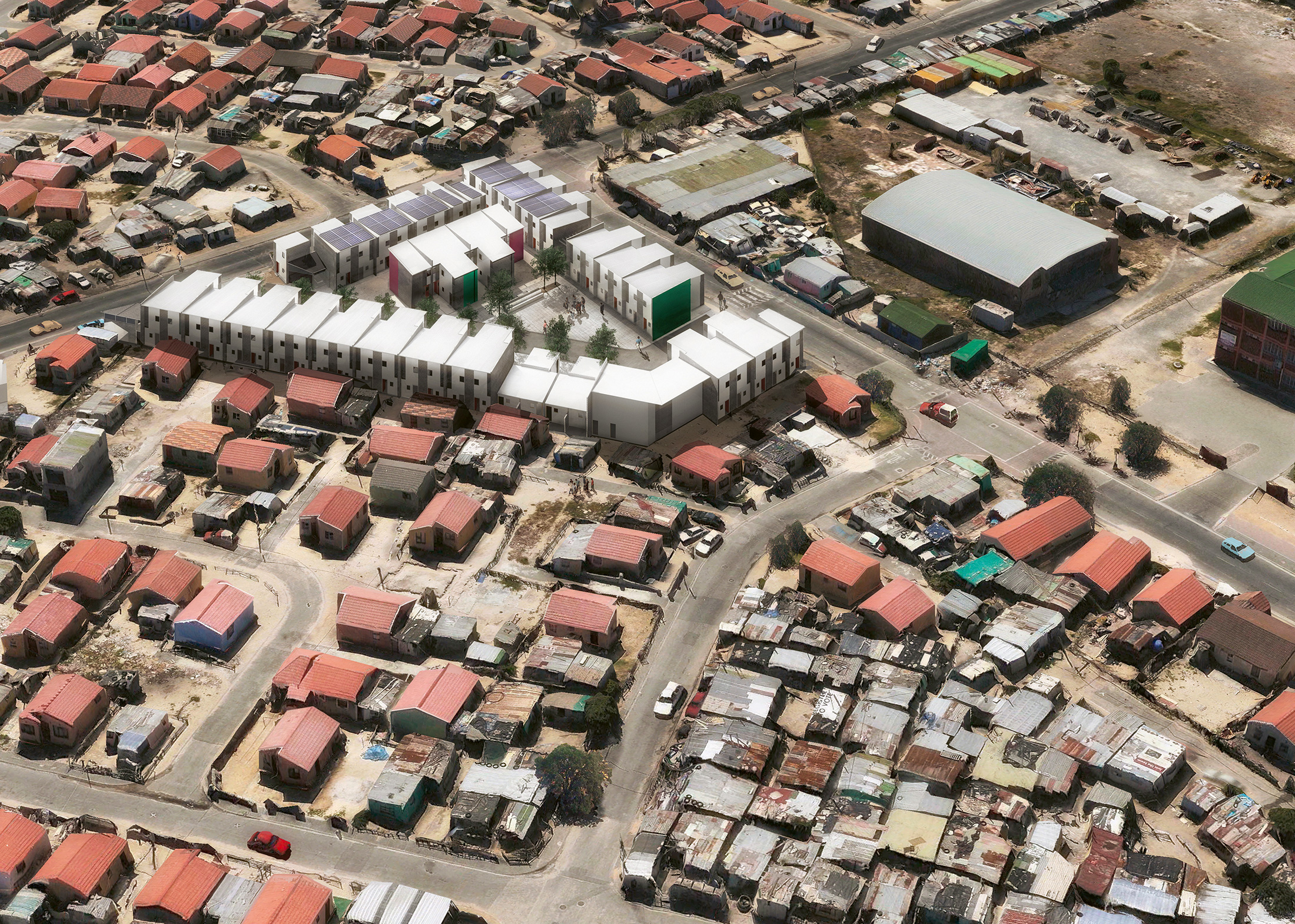 Urban-Think Tank, Empower Shack, Khayelitsha, Cape Town, Sud Africa, 2019. Rendering aereo del primo isolato