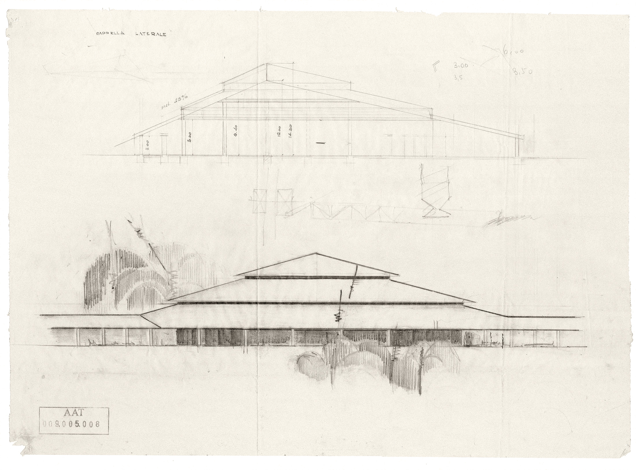 Tita Carloni, progetto per una chiesa in Angola, s.d. [1956]. Sezione e prospetto