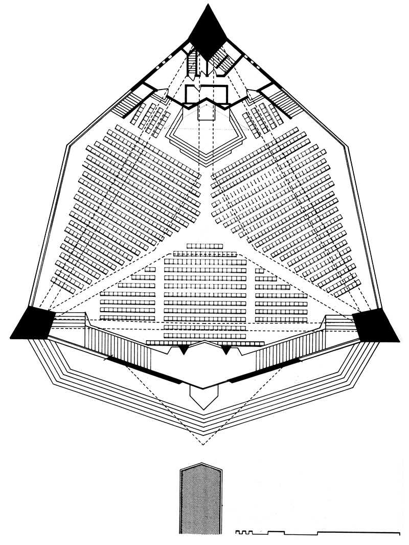 Frank Lloyd Wright, Pianta della sinagoga Beth Sholom, Elkins Park, Pennsylvania, 1953-1959.