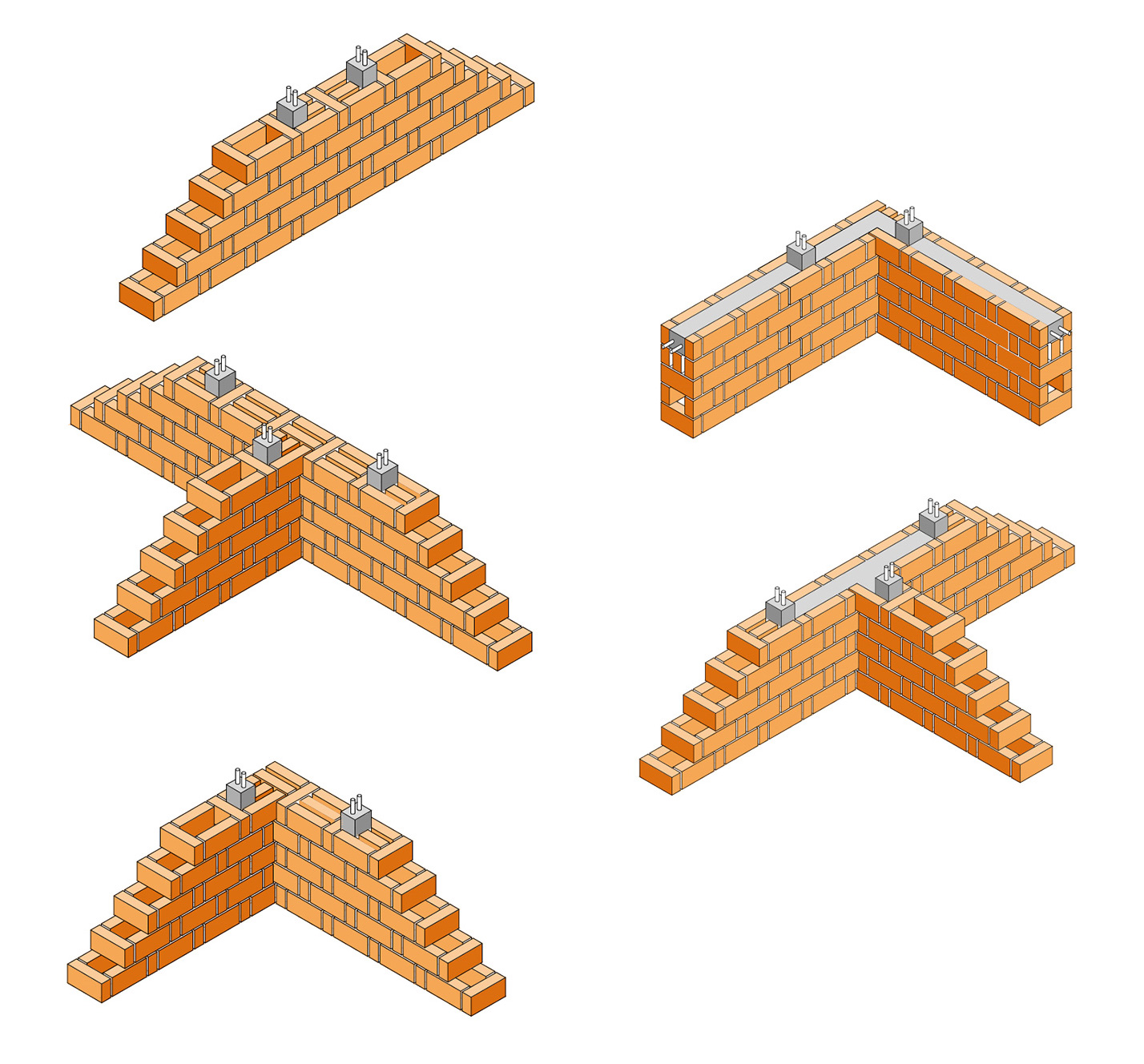 Varianti di posa dei blocchi di laterizio apparecchiati di testa e a coltello a formare delle pareti cave in cui è possibile inserire i rinforzi strutturali antisismici