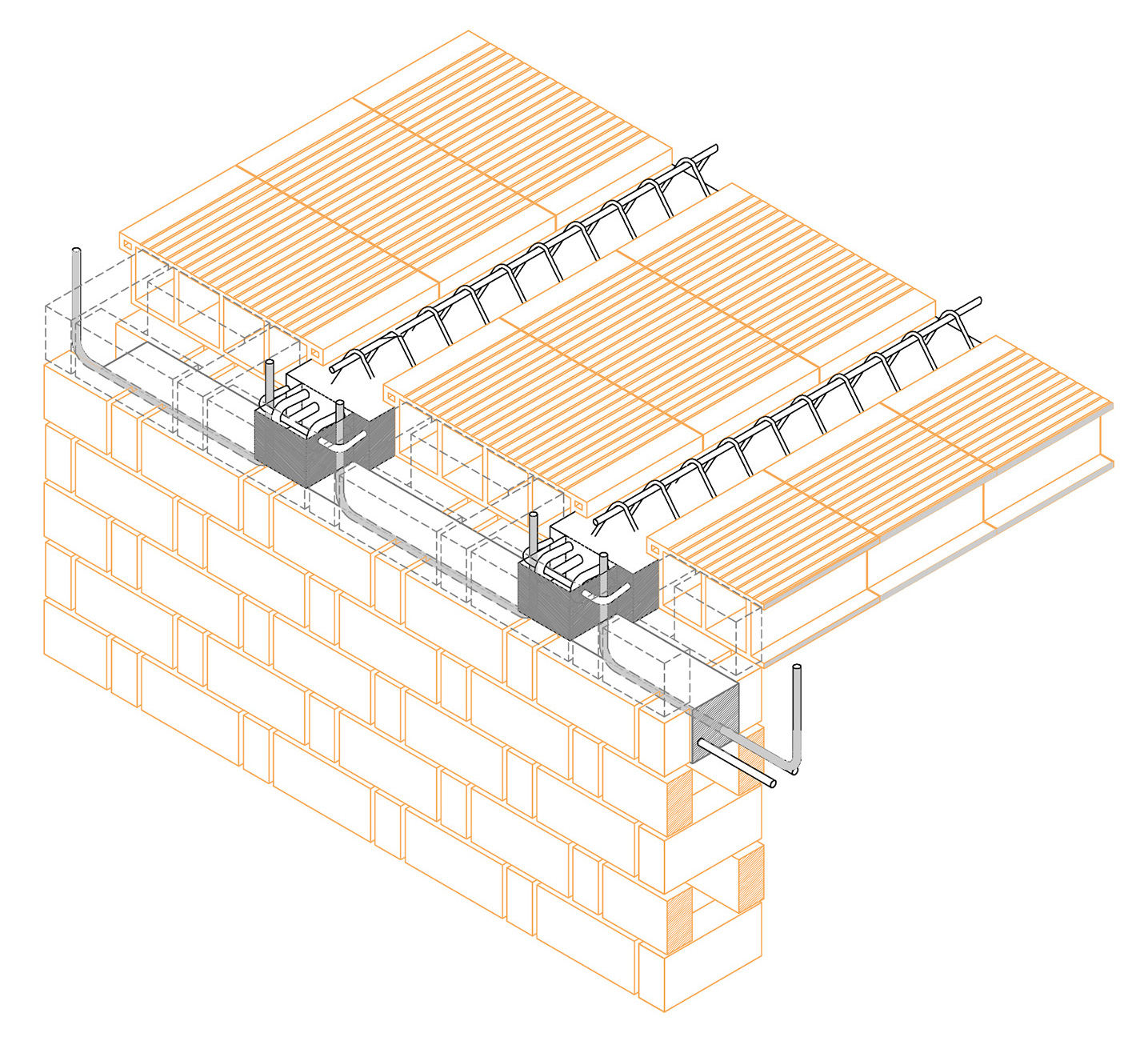 Assonometria di dettaglio della variante costruttiva con solai in laterocemento