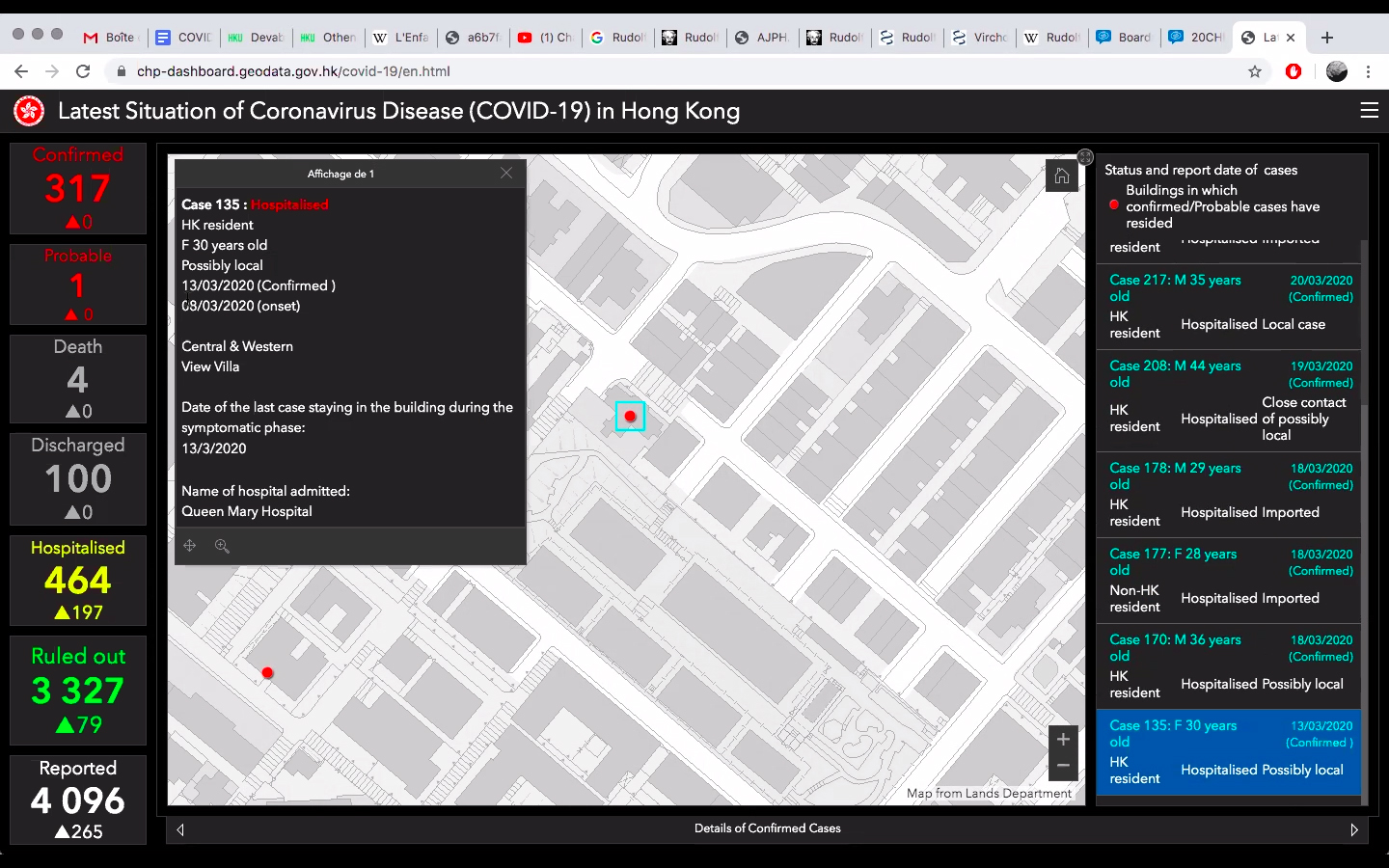 Site internet du gouvernement de Honk Kong. Chaque point rouge représente une personne infectée. En une semaine, le nombre de cas recensé a doublé, mais le nombre de victime reste stable.