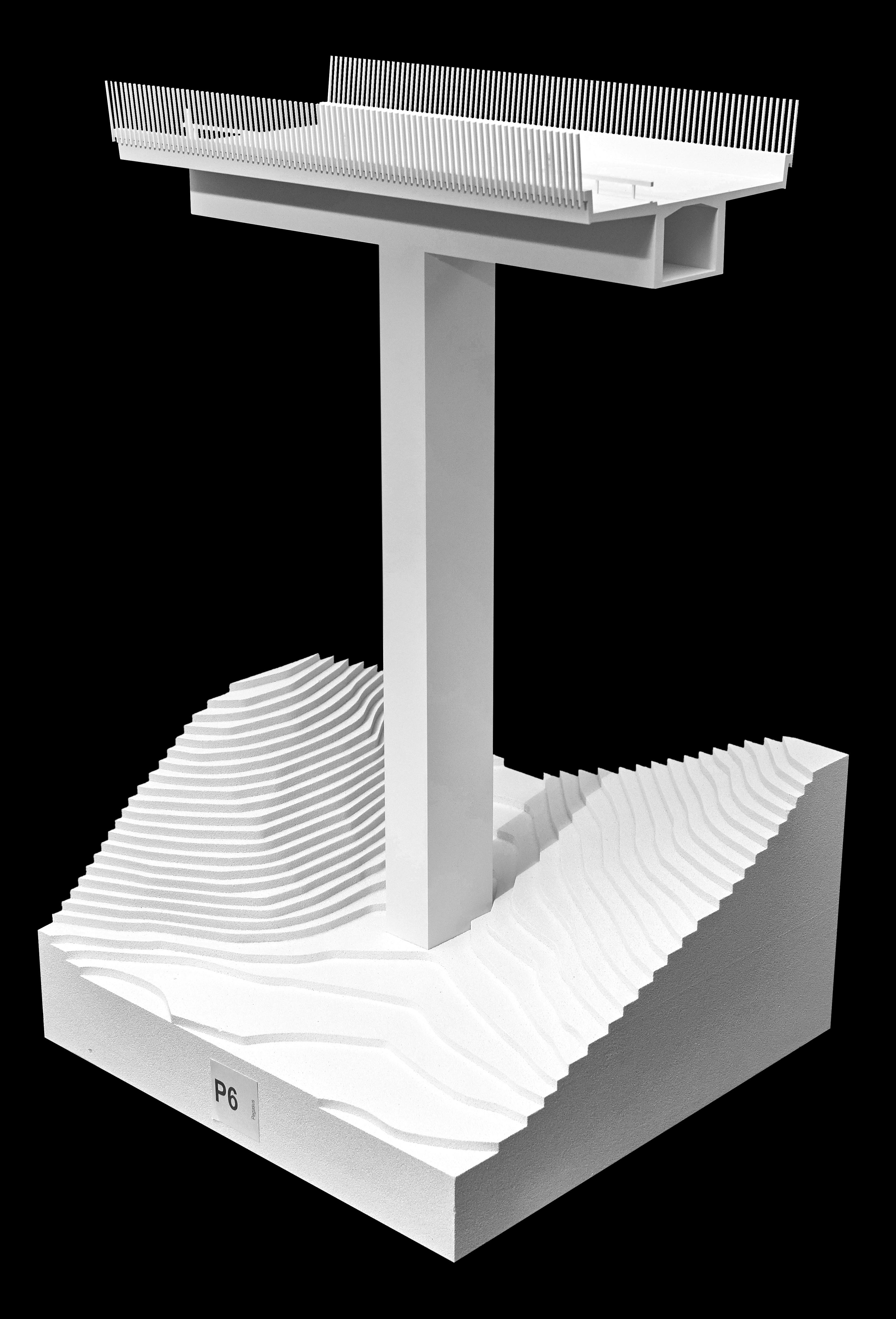 Maquette et élévation du projet Pegasus pour le pont d’Hauterive et la nouvelle liaison Marly-­Matran. La maquette du pont d’Hauterive a été réalisée au 1:1000, l’élévation au 1:500 et le pont est d’une longueur d’env. 845 m.