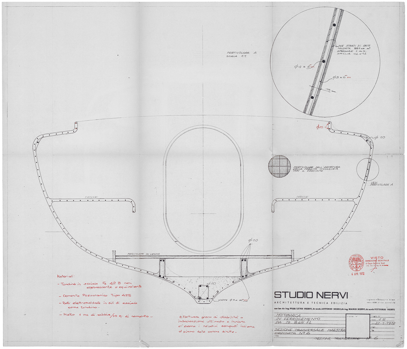 Studio Nervi, Progetto esecutivo per la motobarca in ferrocemento, sezione trasversale, 21 gennaio 1972, scala 1:5