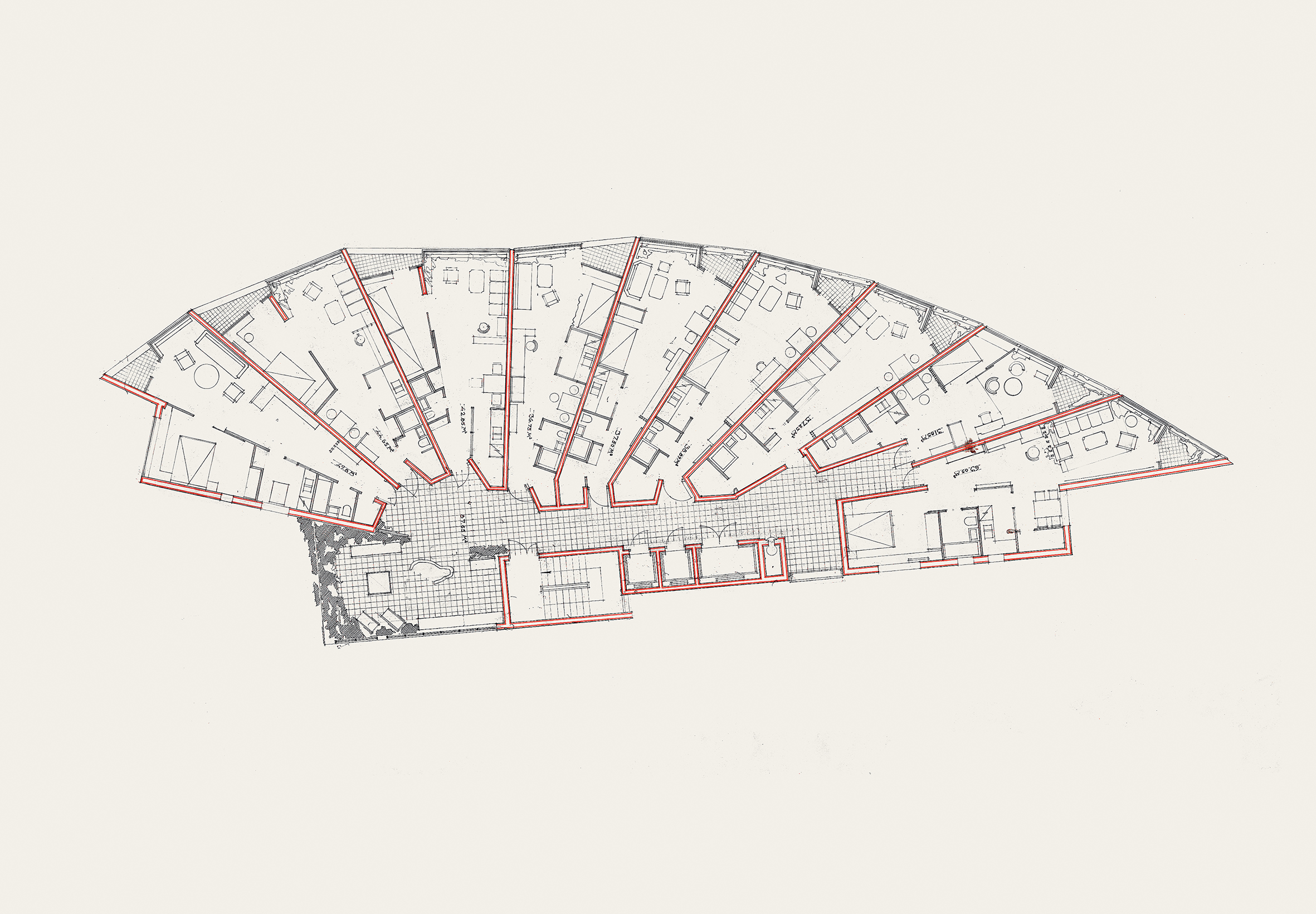 Éventails: Alvar Aalto, immeuble de logements à Neue Vahr, plan-type daté du 06.08.1958.