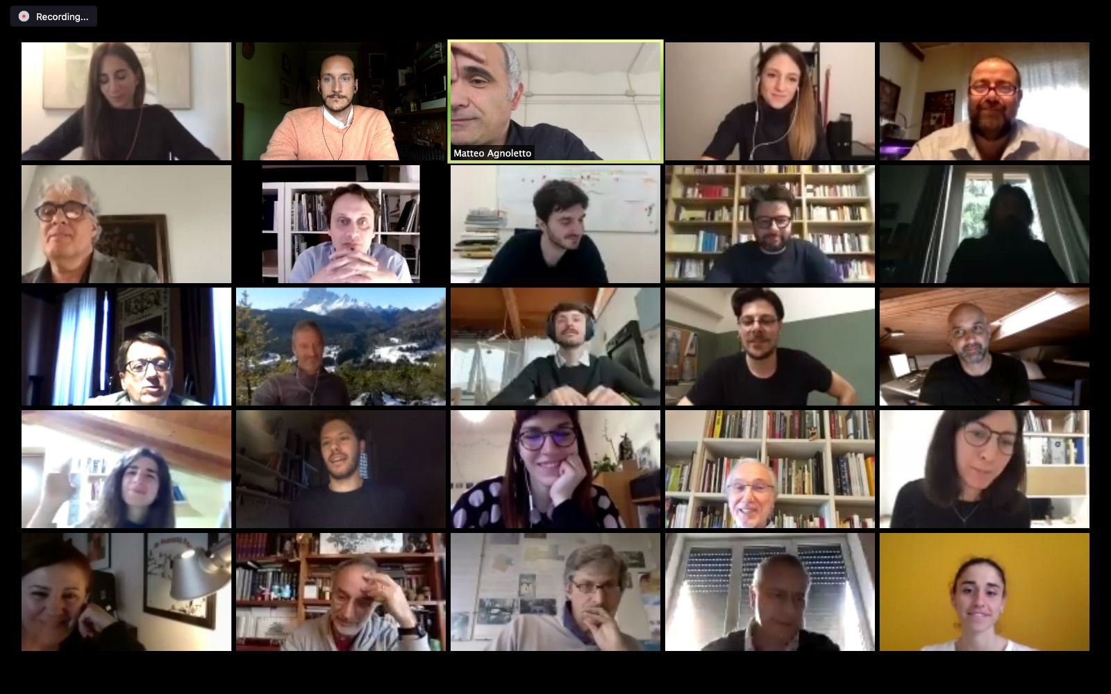 Screenshot di un incontro virtuale tra i diversi gruppi del G124 2020, con – tra gli altri – Renzo Piano, Matteo Agnoletto, Edoardo Tresoldi