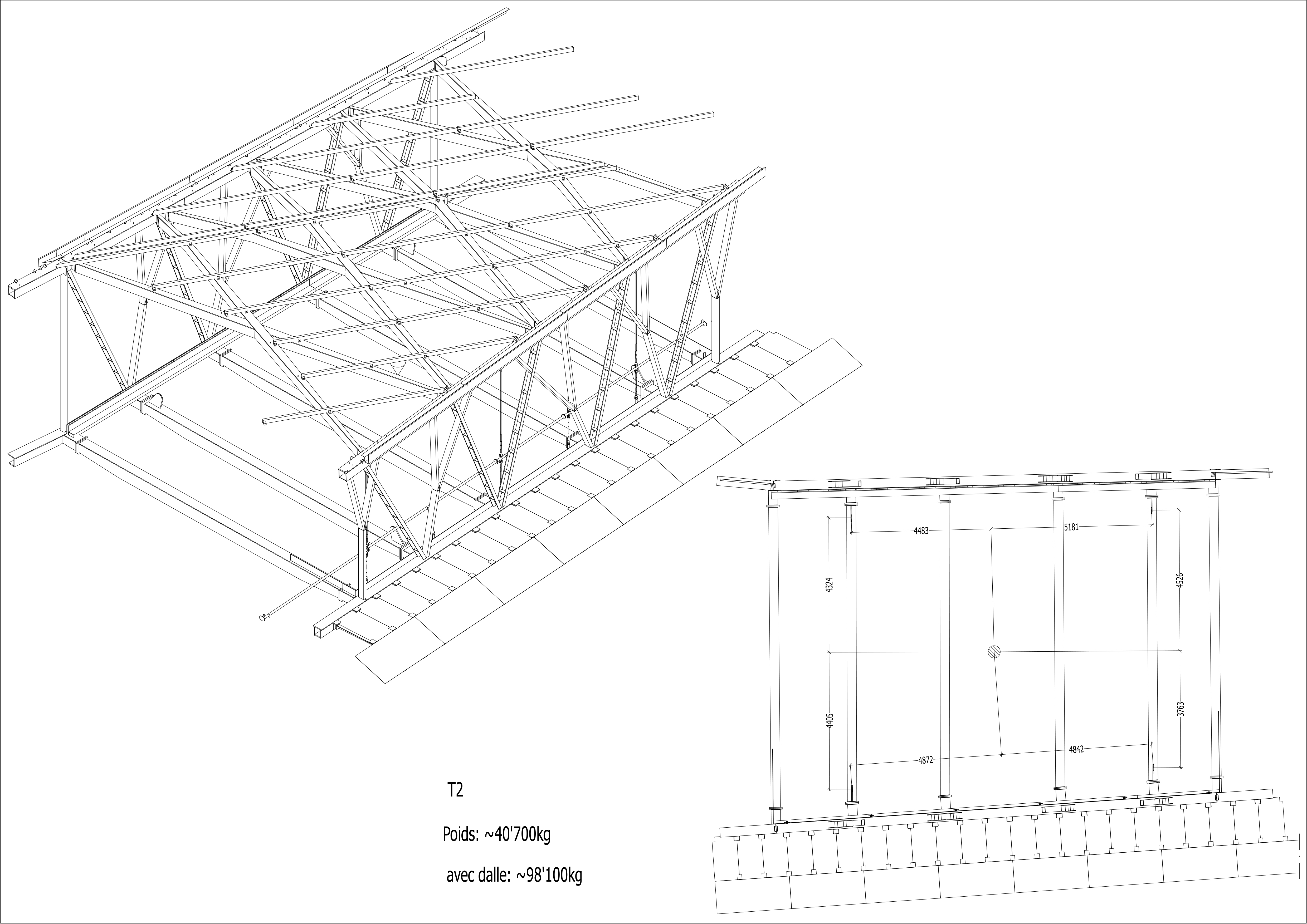 Axonométrie du deuxième tronçon  de la passerelle Rayon Vert et de son centre de gravité ()