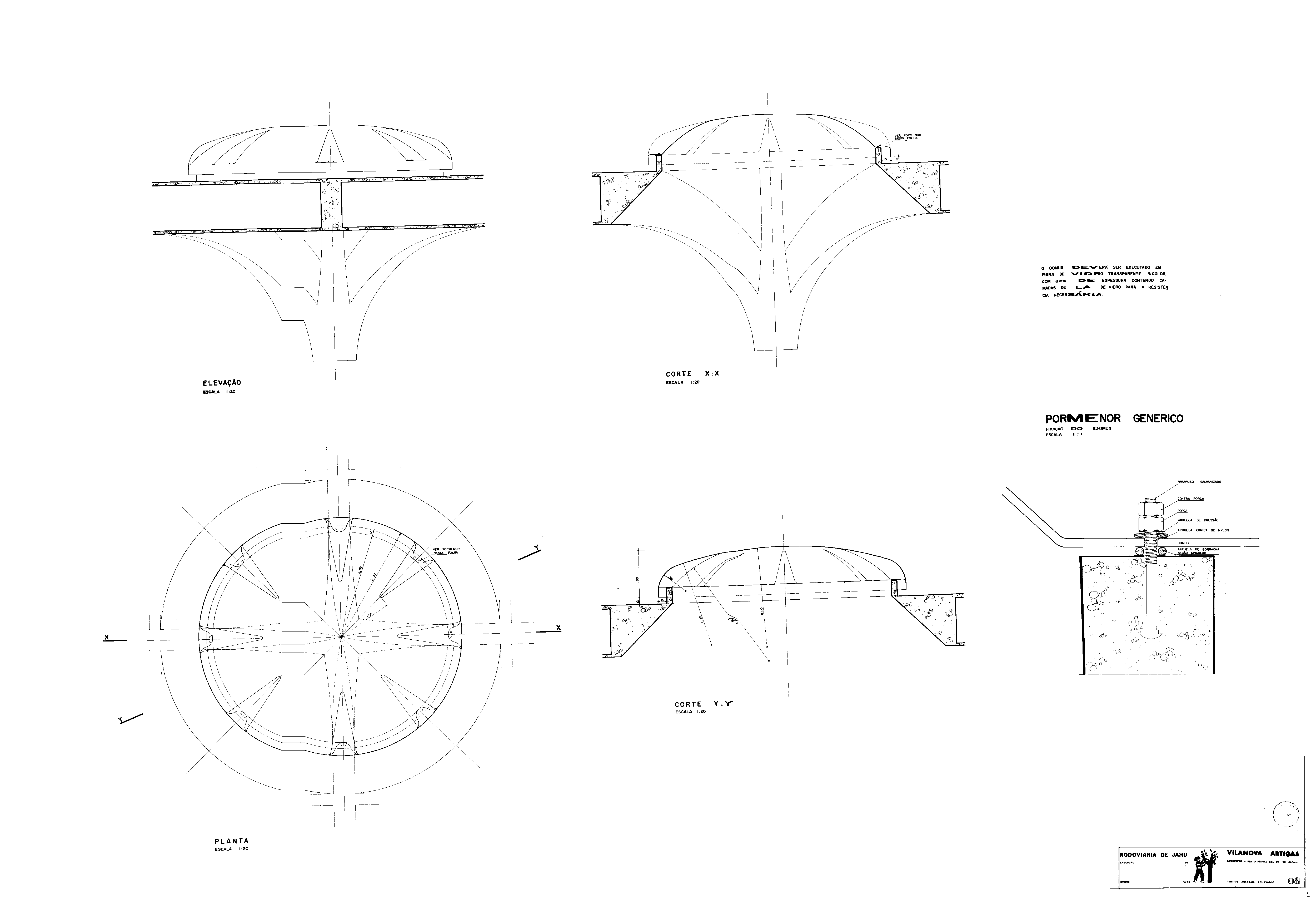 Station de bus de Jaú, 1973-1975 : détail de la jonction des piliers en arbre et du toit