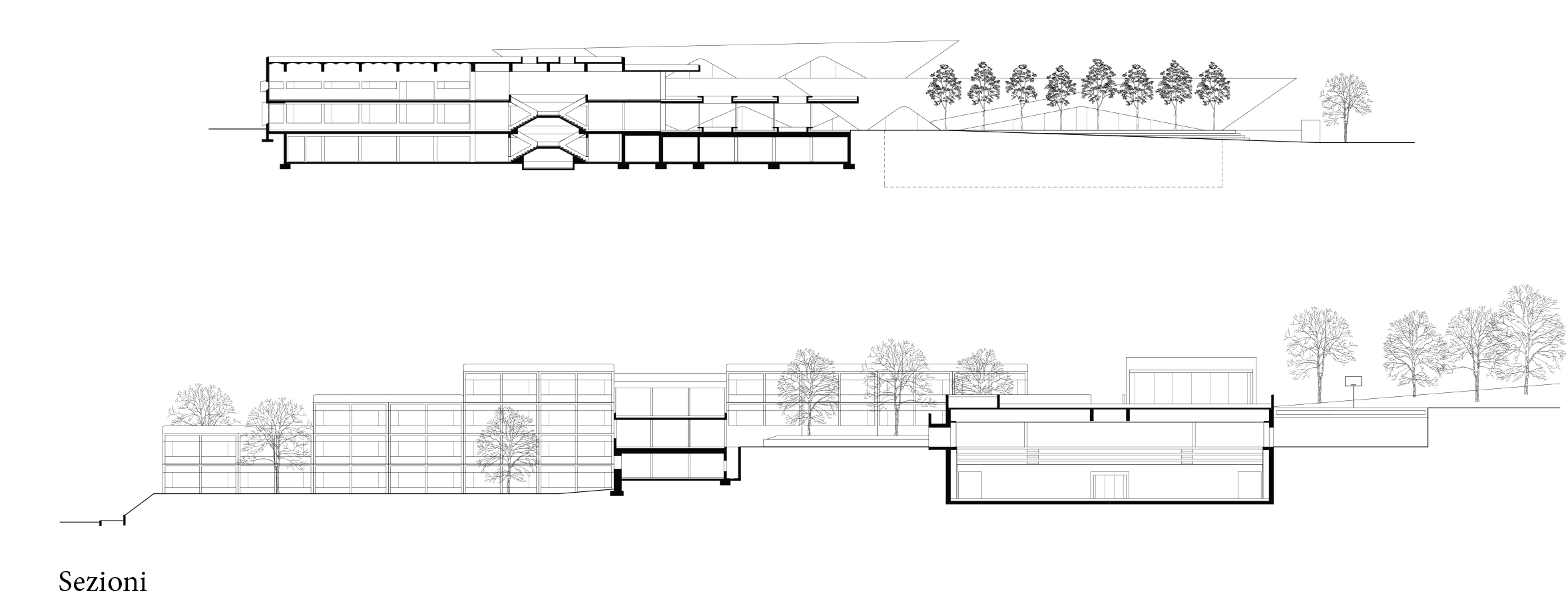 Coupe et élévation du bâtiment scolaire rénové