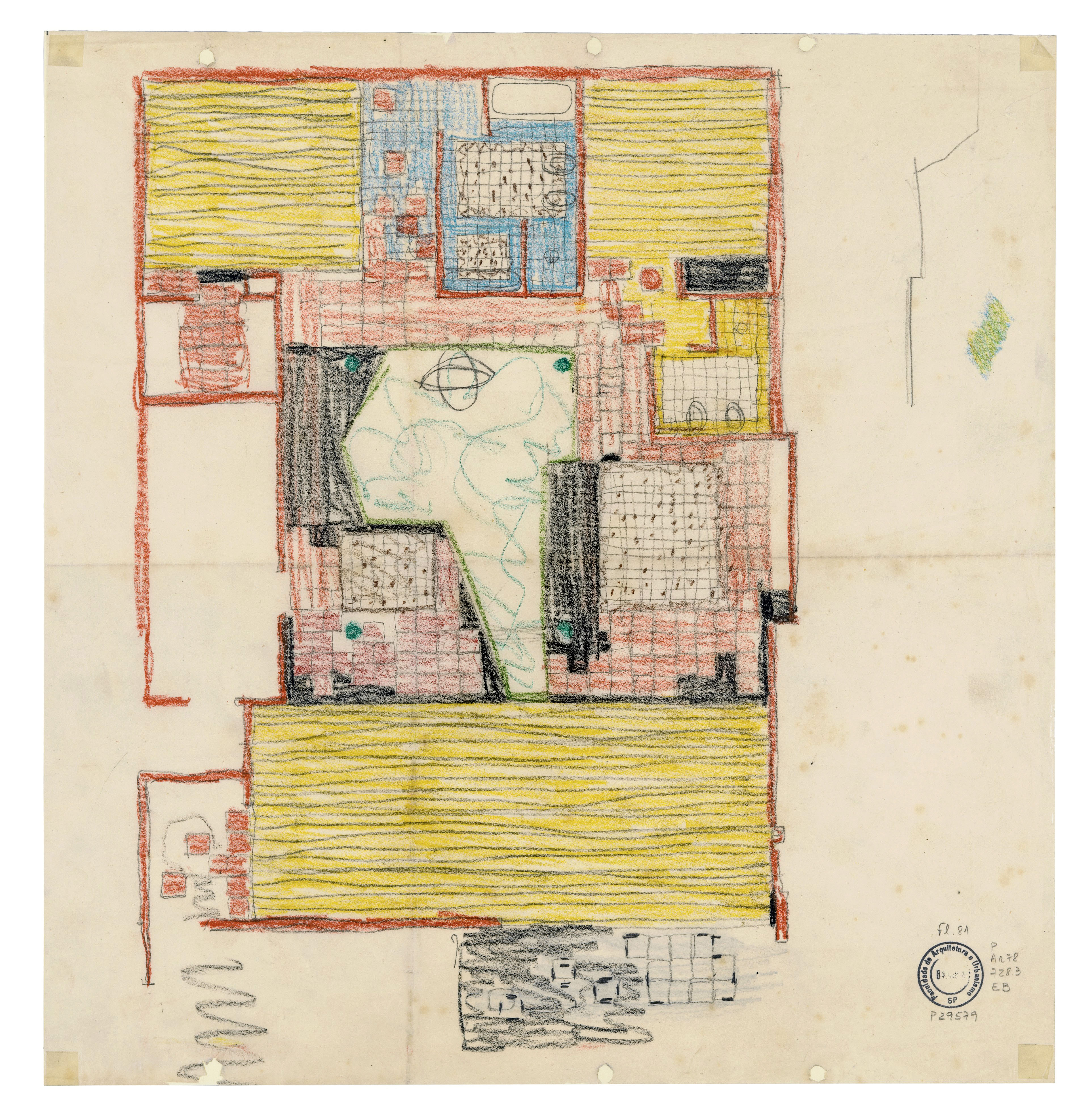 Étude de plan pour la maison Elza Berquó house (1967). Graphite et crayons de couleur sur papier, 1967