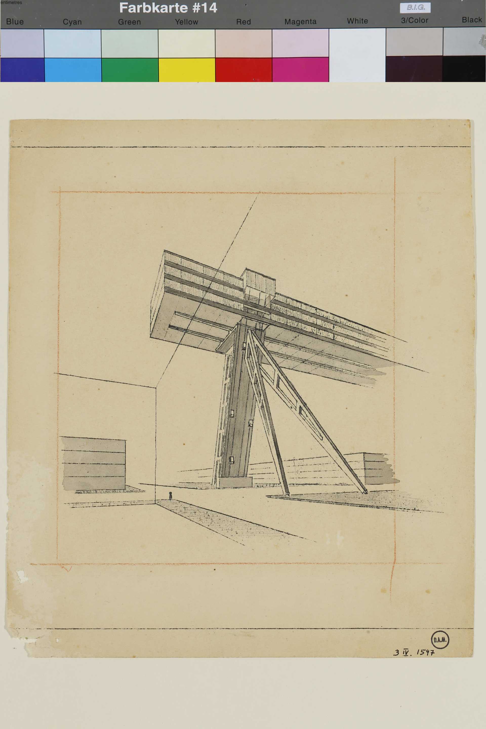 Mart Stam, Wolkenbügel, 1924-1925 ; Perspective ; crayon et aquarelle sur plan