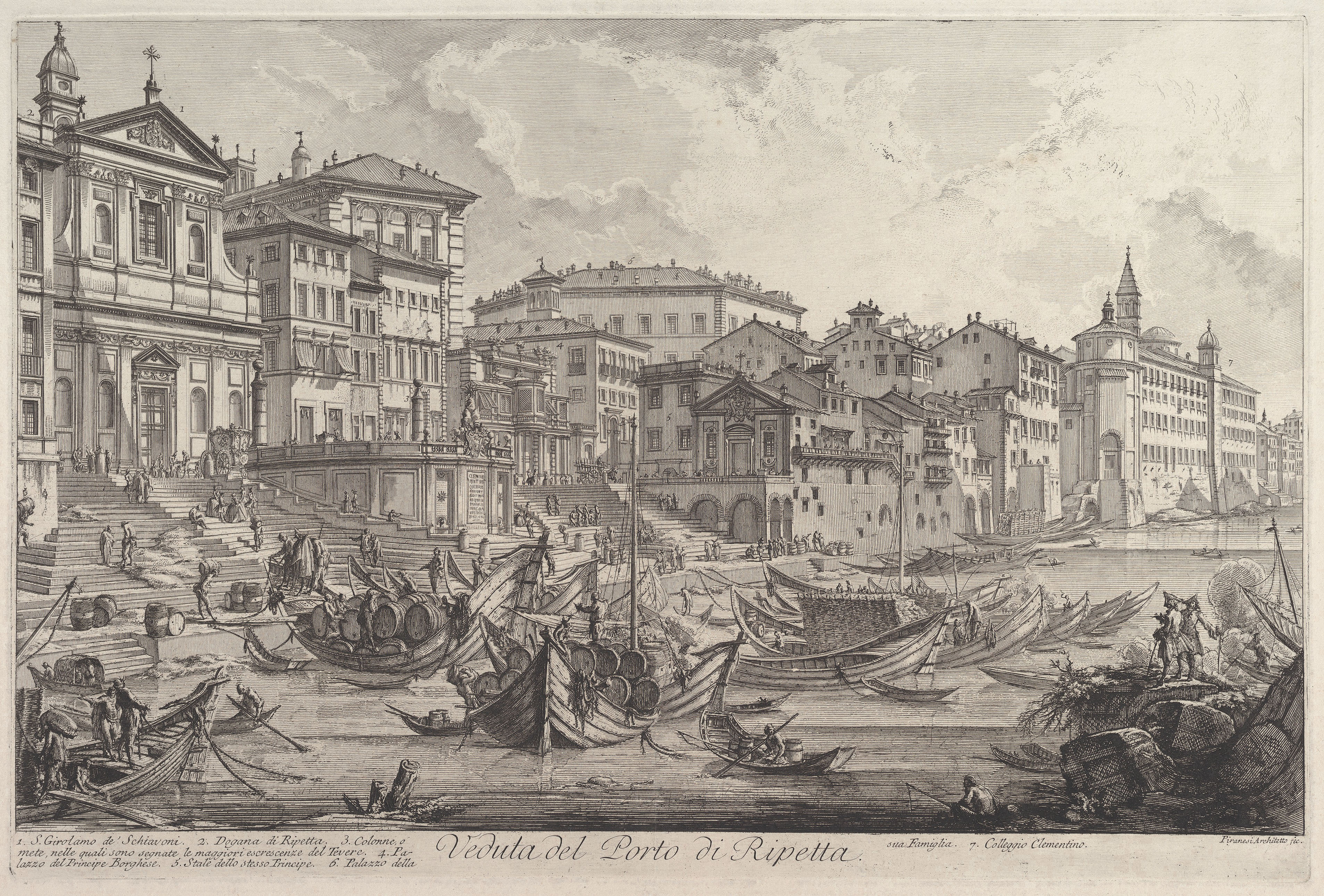Commerce de pouzzolane sur le port de Ripetta à Rome. Gian Battista Piranesi, Veduta del Porto di Ripetta, ca. 1753