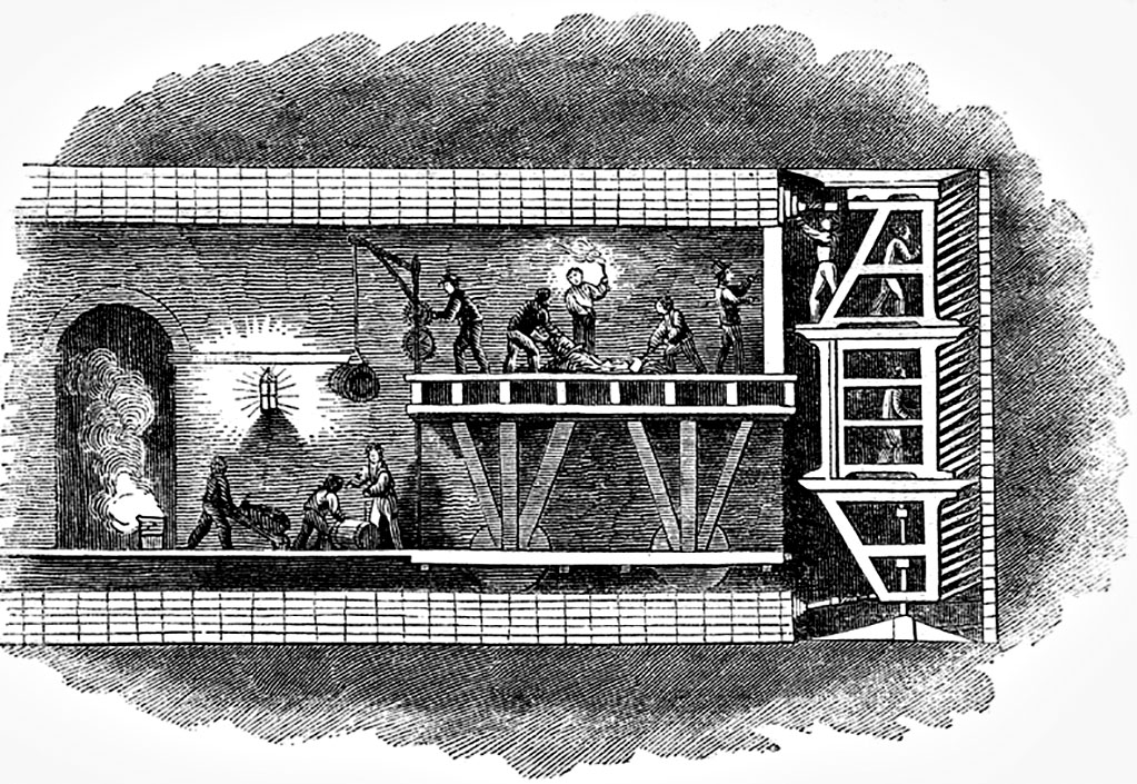 Percement du premier tunnel sous la Tamise (achevé en 1843) : la voûte est réalisée à l’aide du ciment à prise rapide. (DP)