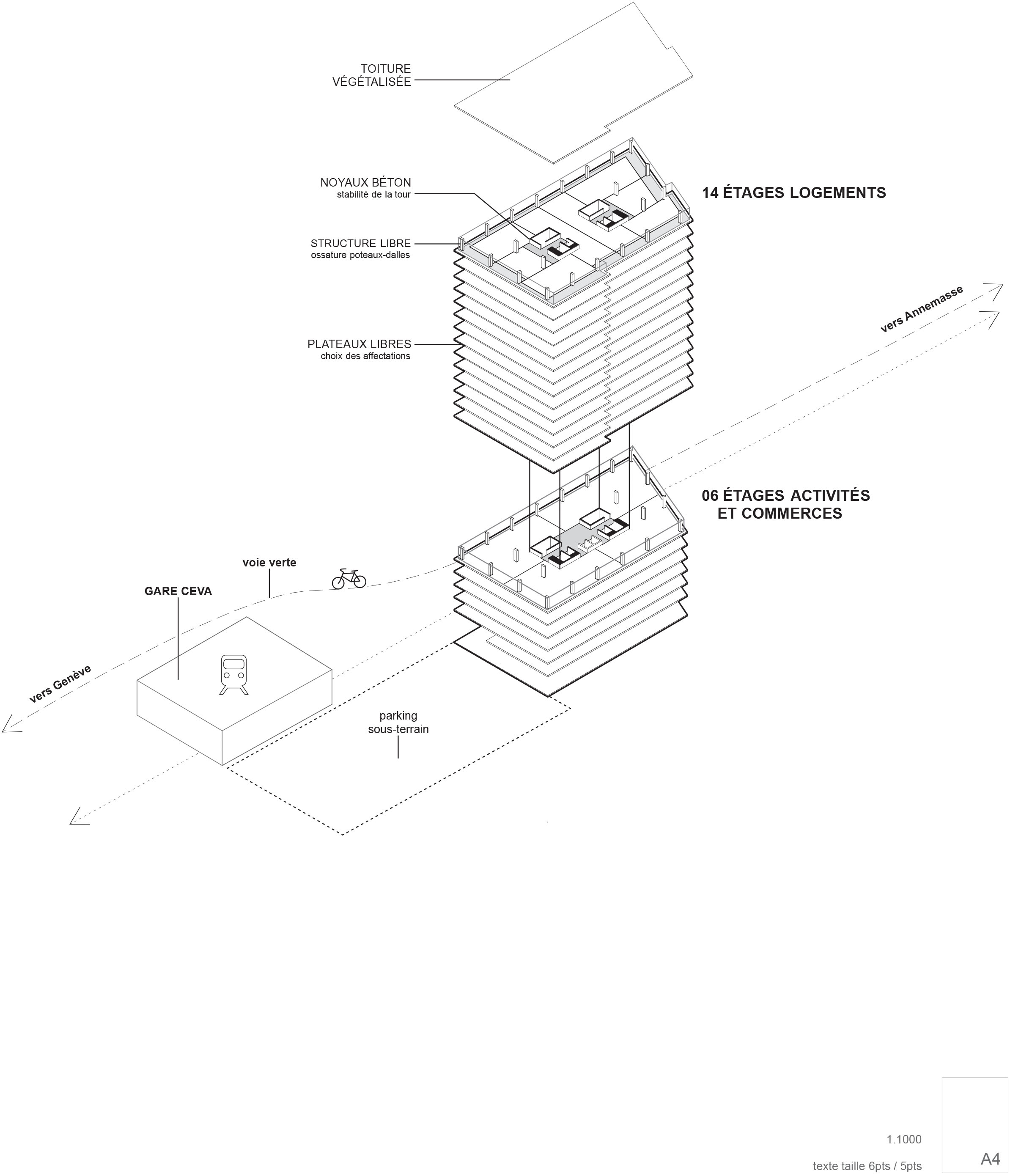 Axonométrie d’implantation de la tour