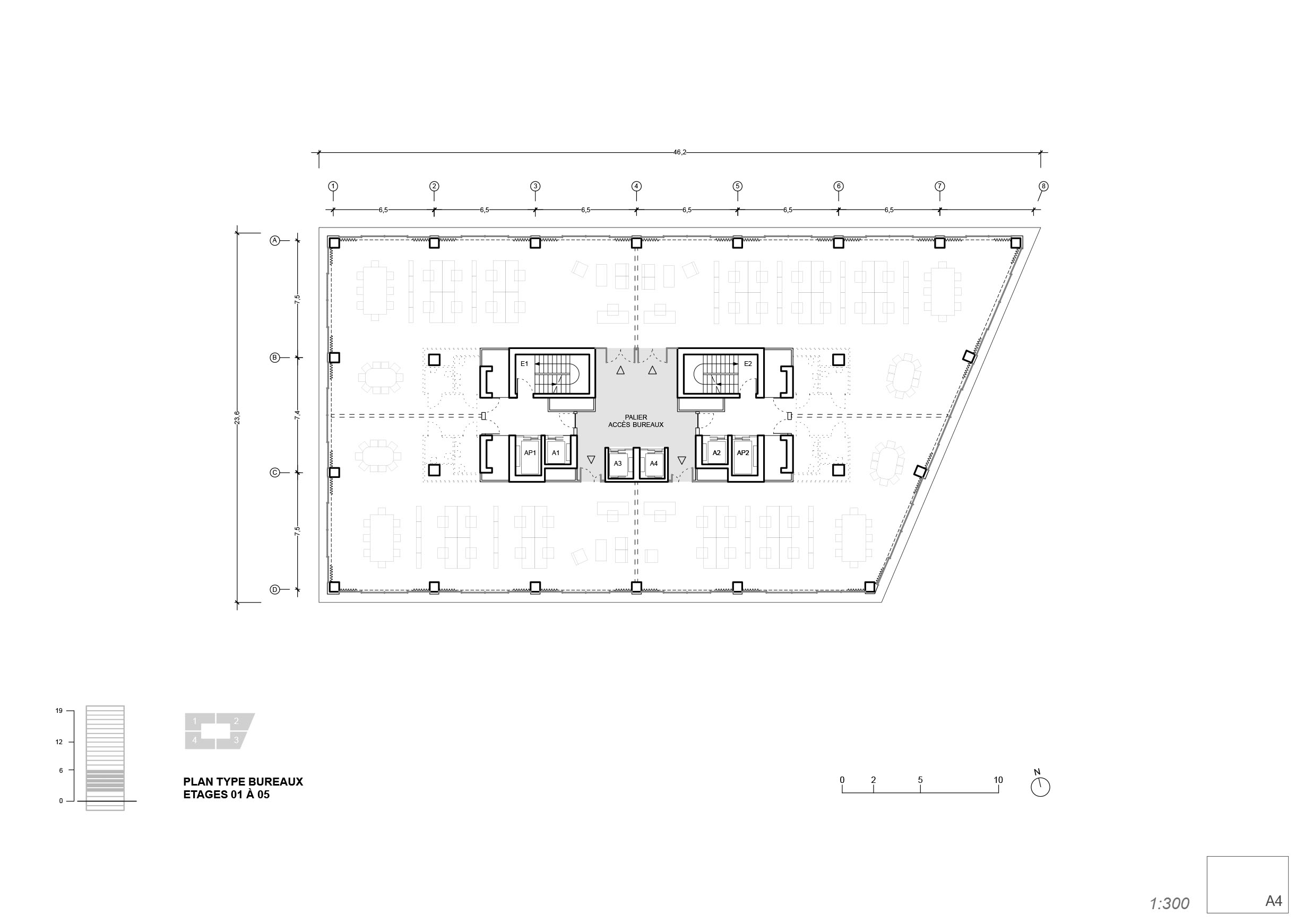 Plan d’un étage bureaux et activités