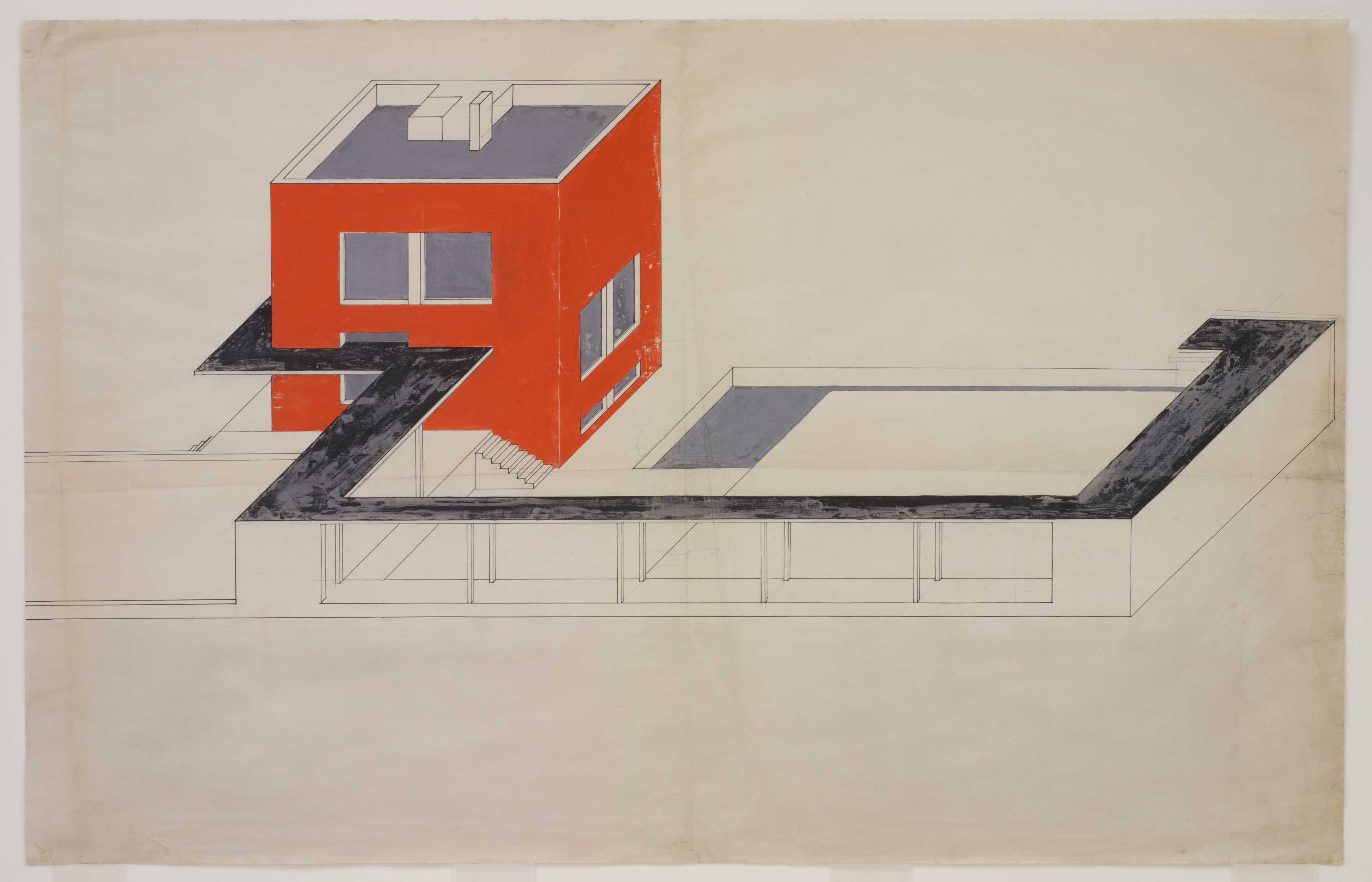 Farkas Ferenc Molnár, « Der rote Würfel », 1923 ; isométrie ; crayon sur papier